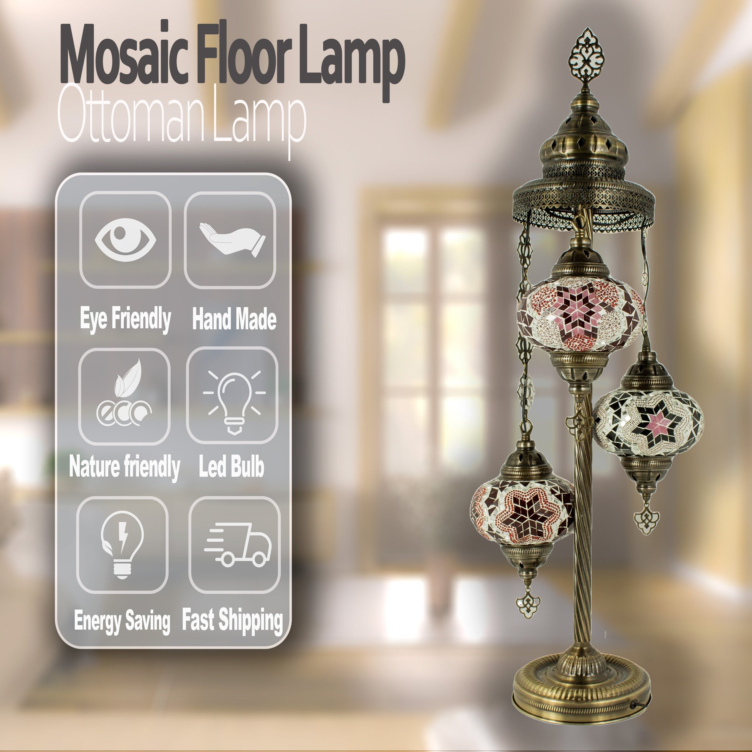 MoslandHome Handmade Turkish Mosaic Floor Lamp 3 Globe Corner