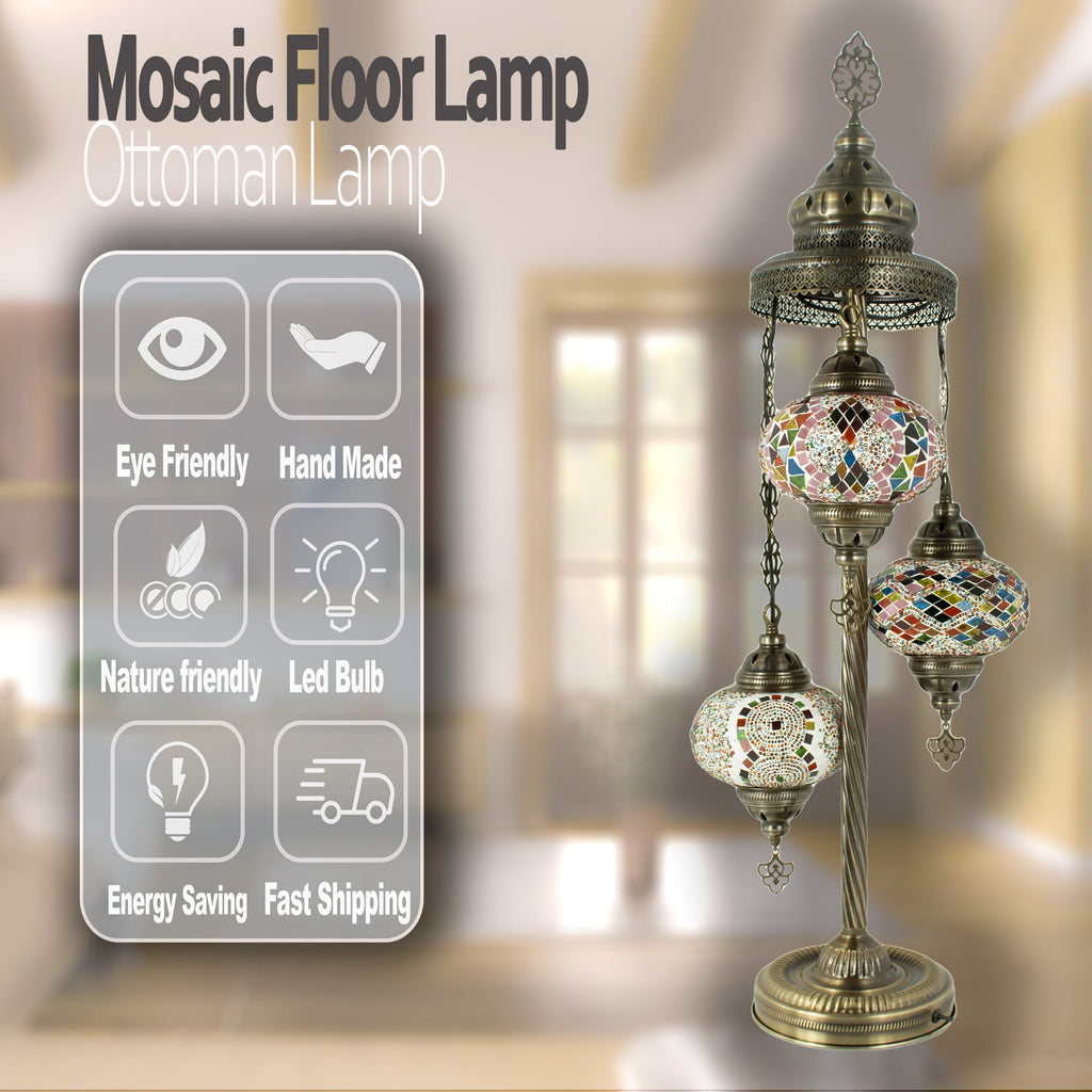 MoslandHome Handmade Turkish Mosaic Floor Lamp 3 Globe Corner