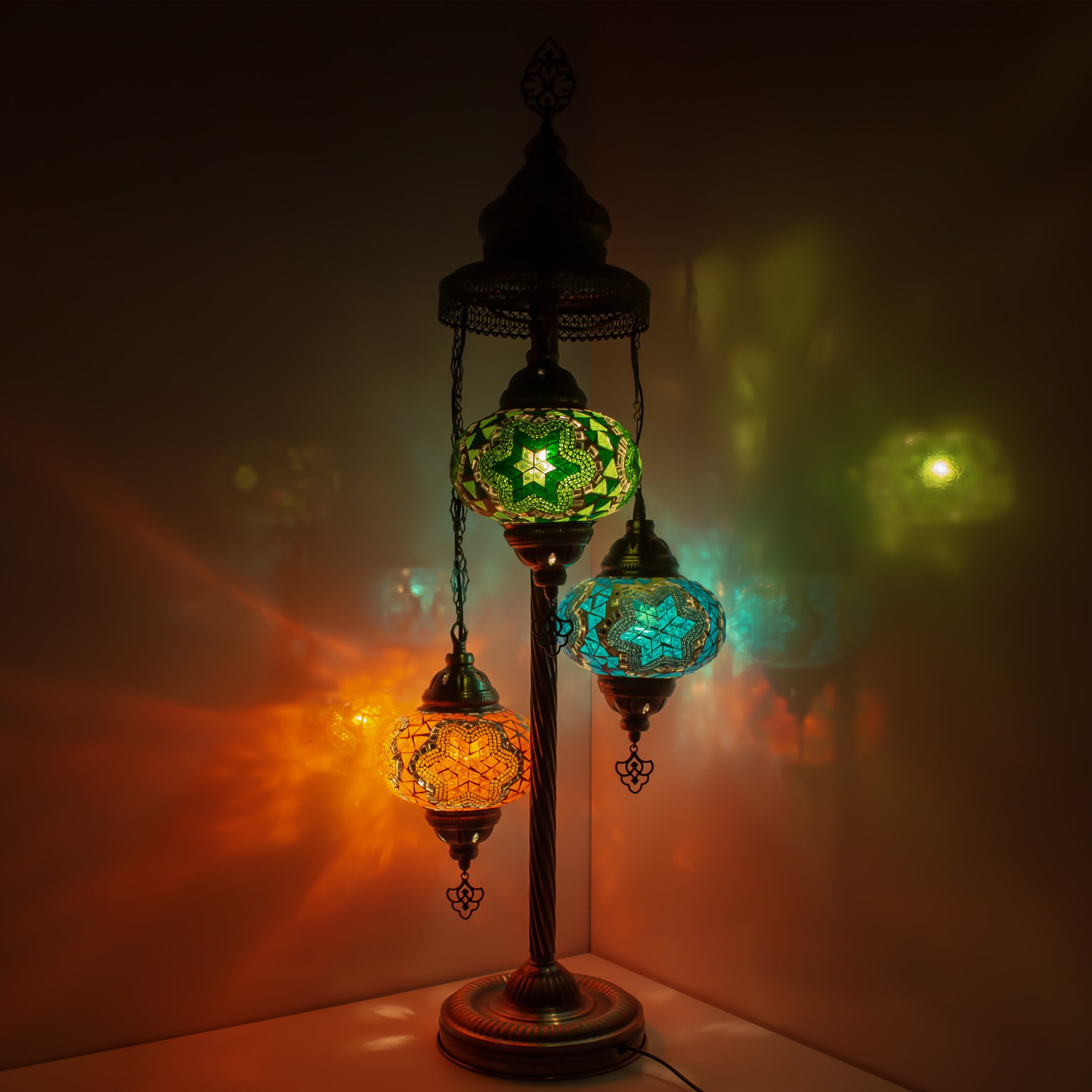 MoslandHome Handmade Turkish Mosaic Floor Lamp 3 Globe Antique Brass