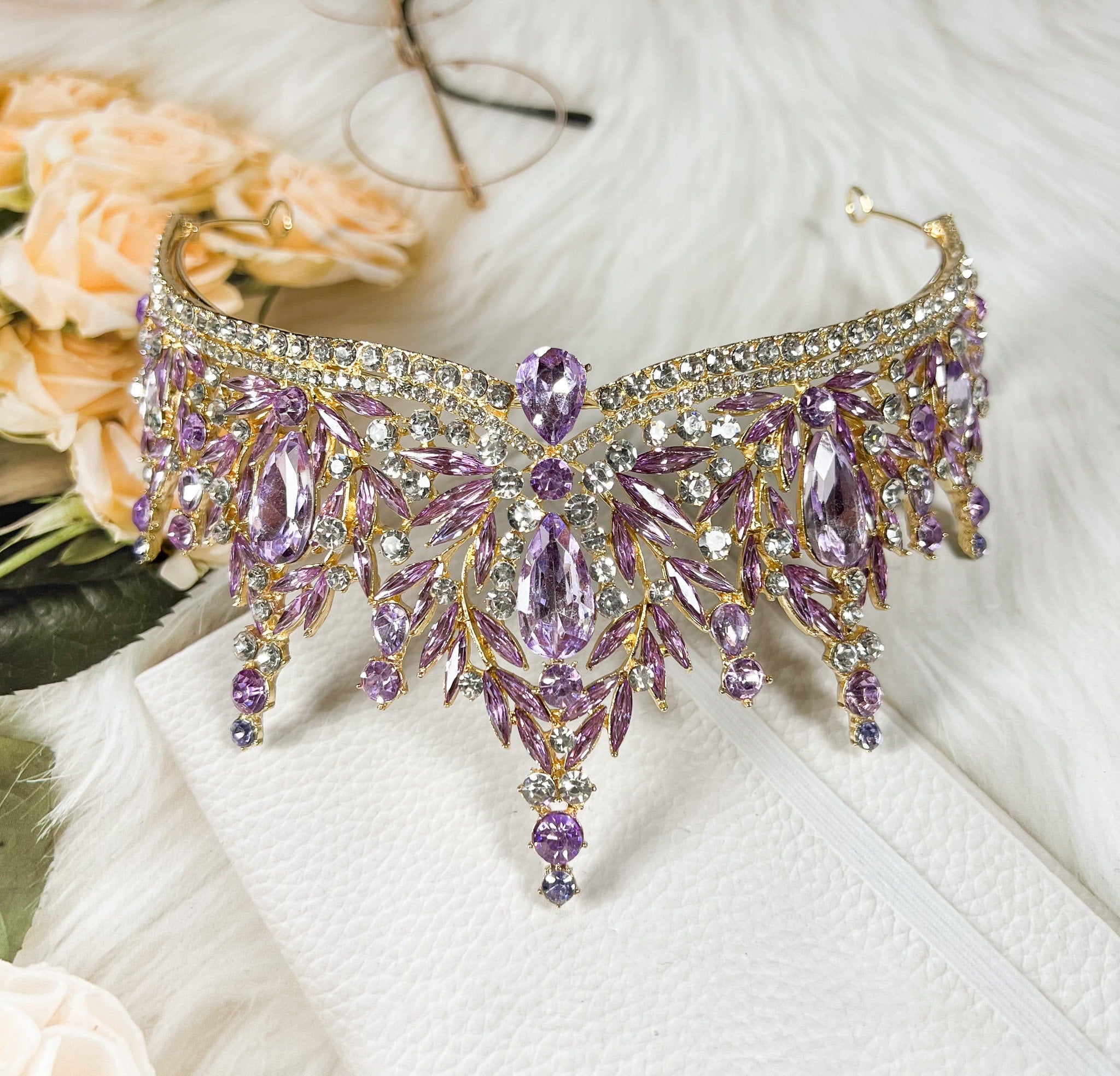HappyJewelryWorld Purple Crystal Tiara Victorian Bridal Crown Headband