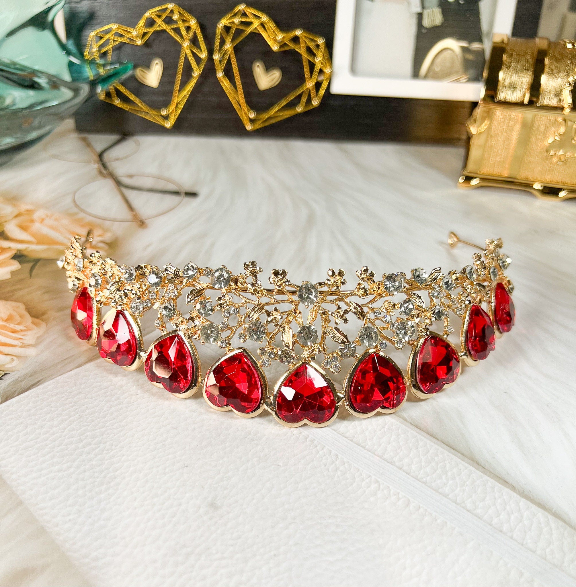 Queen of Heart Tiara Red Rhinestone Crown Gold Headband