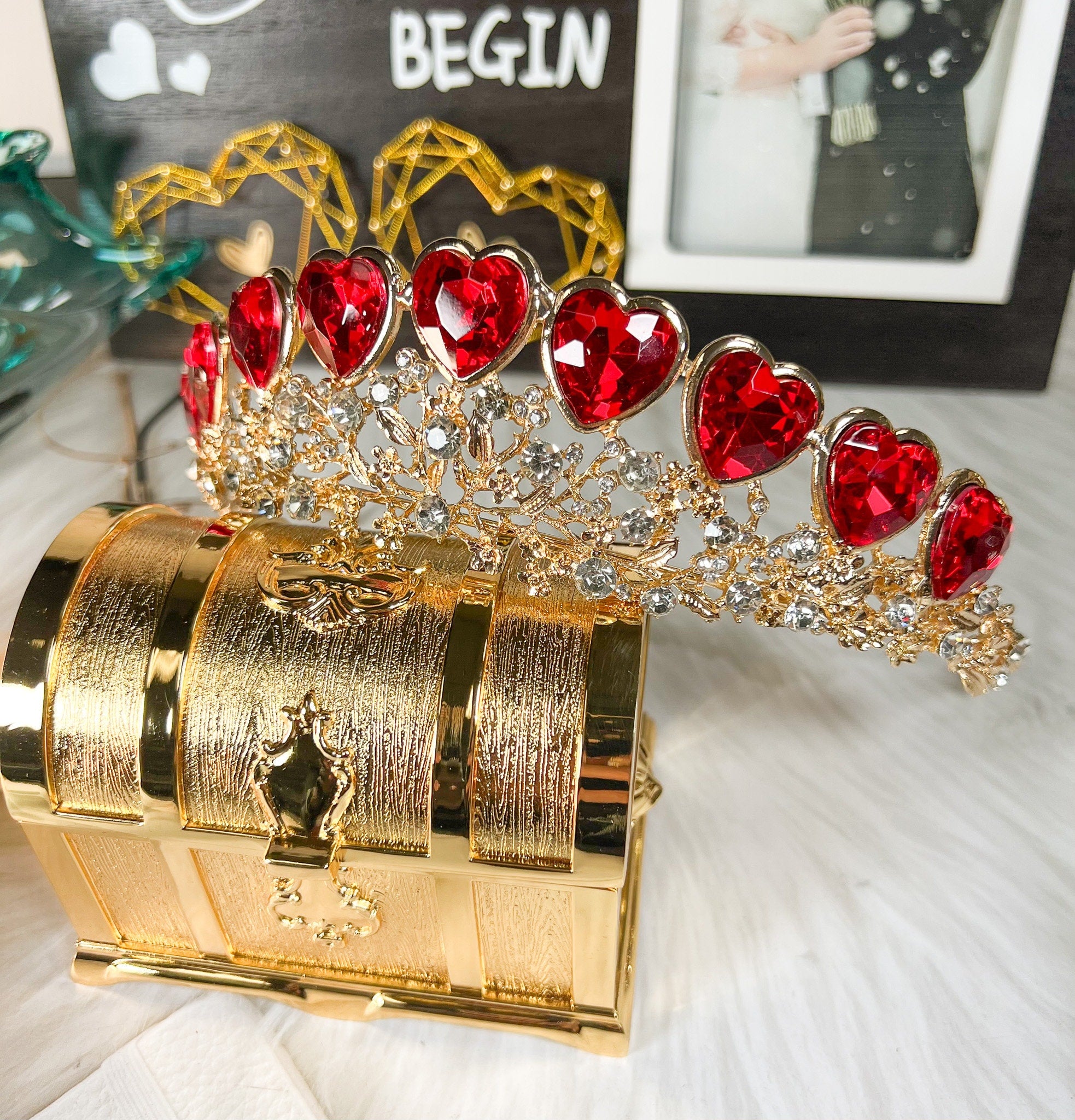 Queen of Heart Tiara Red Rhinestone Crown Gold Headband