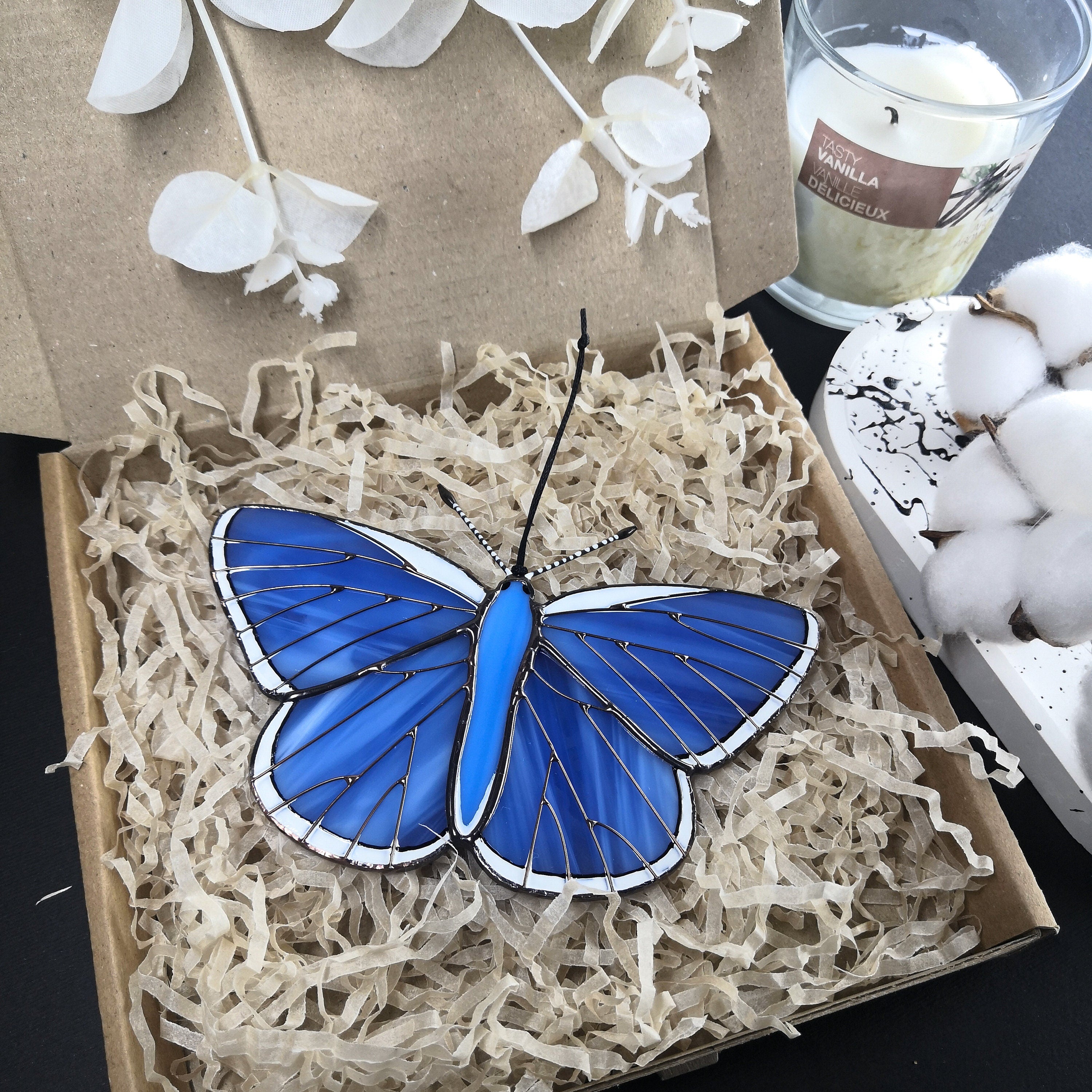 SunStainedGlassUA Blue Butterfly Stained Glass Suncatcher Window Hanging