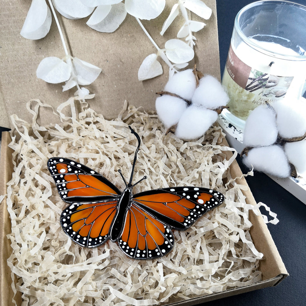 SunStainedGlassUA Monarch Butterfly Stained Glass Suncatcher 5.3in
