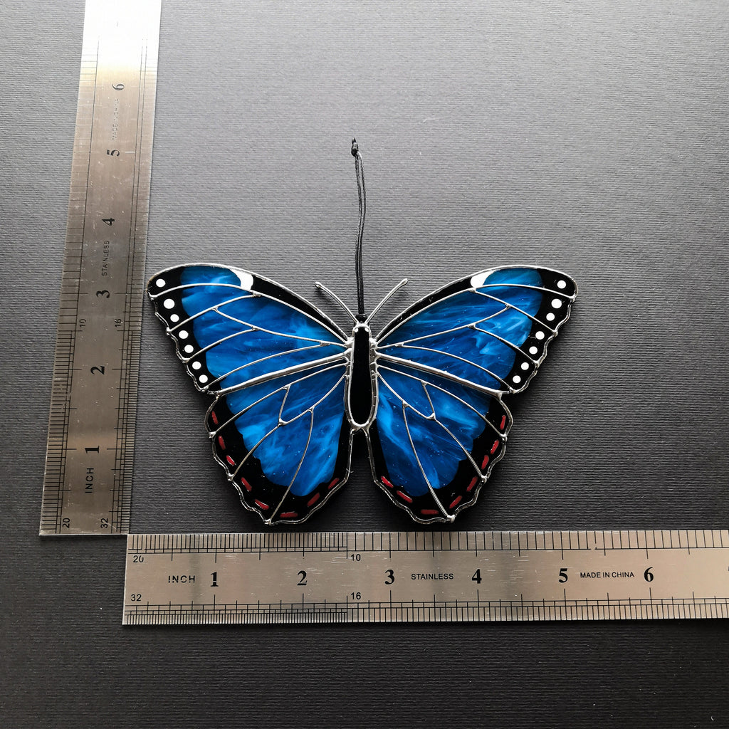SunStainedGlassUA Peleides Blue Morpho Stained Glass Butterfly Suncatcher