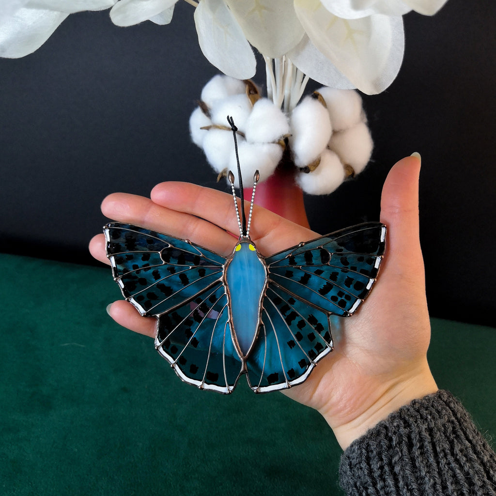 SunStainedGlassUA Lasaia Agesilas Stained Glass Butterfly Suncatcher 5.2in