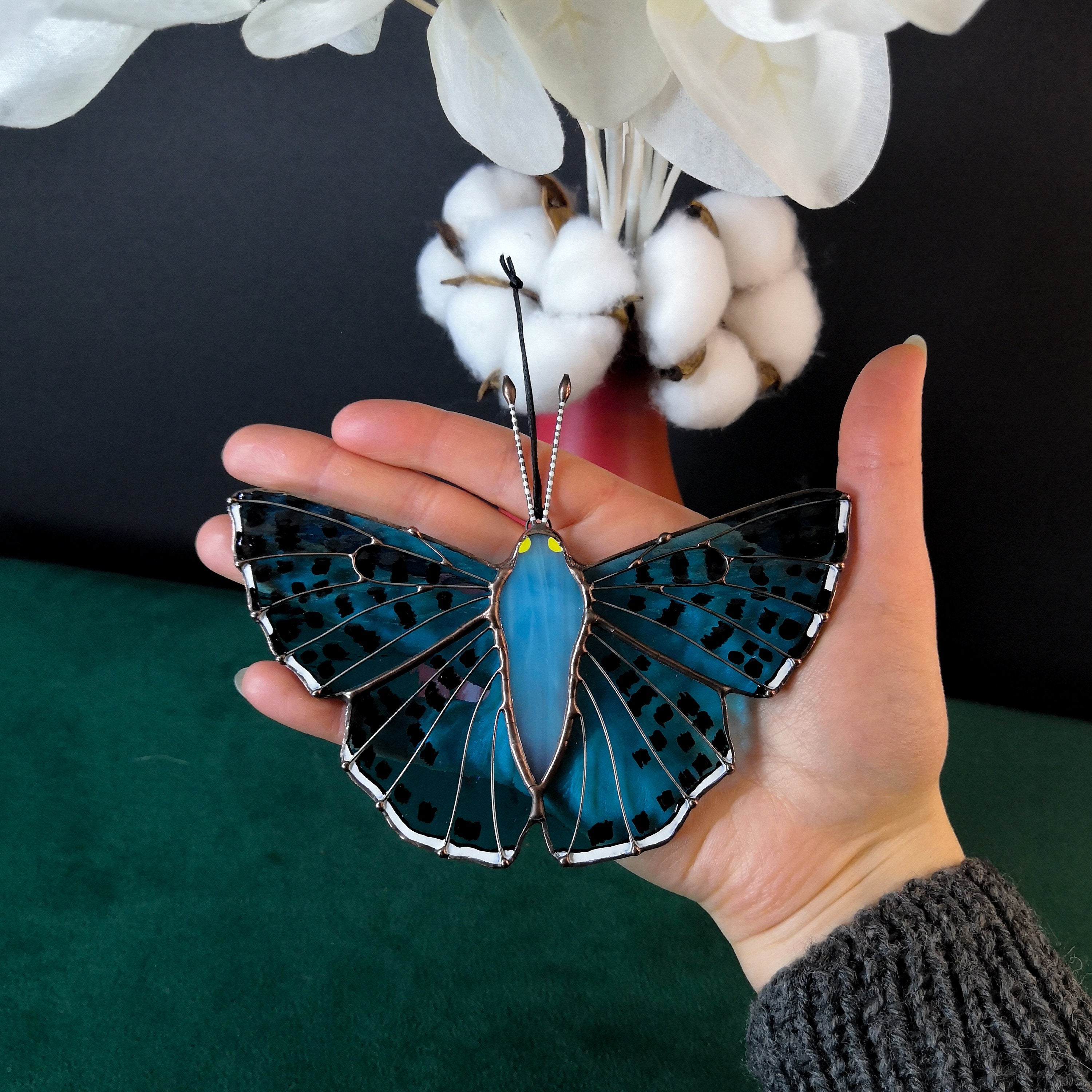 SunStainedGlassUA Lasaia Agesilas Stained Glass Butterfly Suncatcher 5.2in