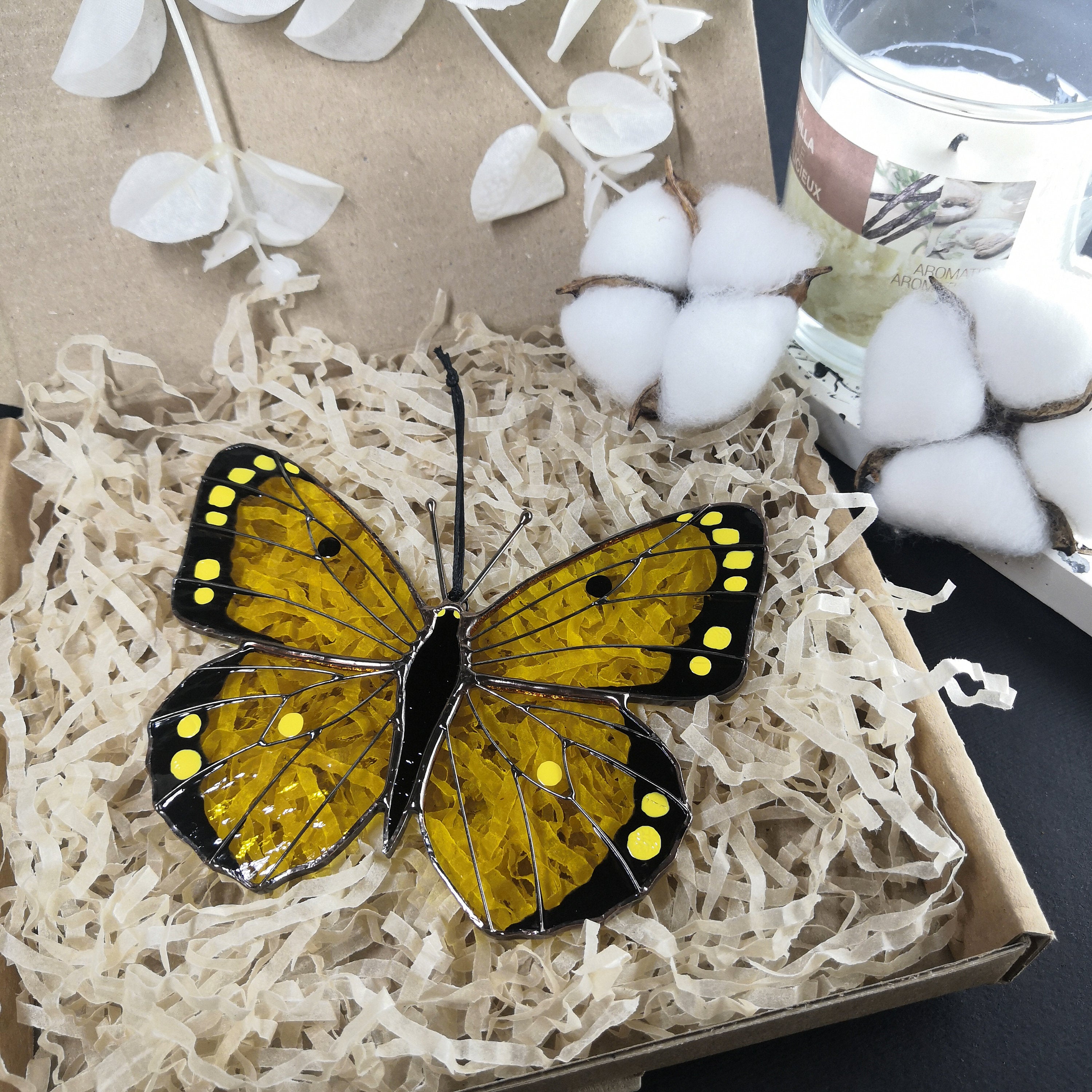 SunStainedGlassUA Clouded Yellow Butterfly Stained Glass Suncatcher