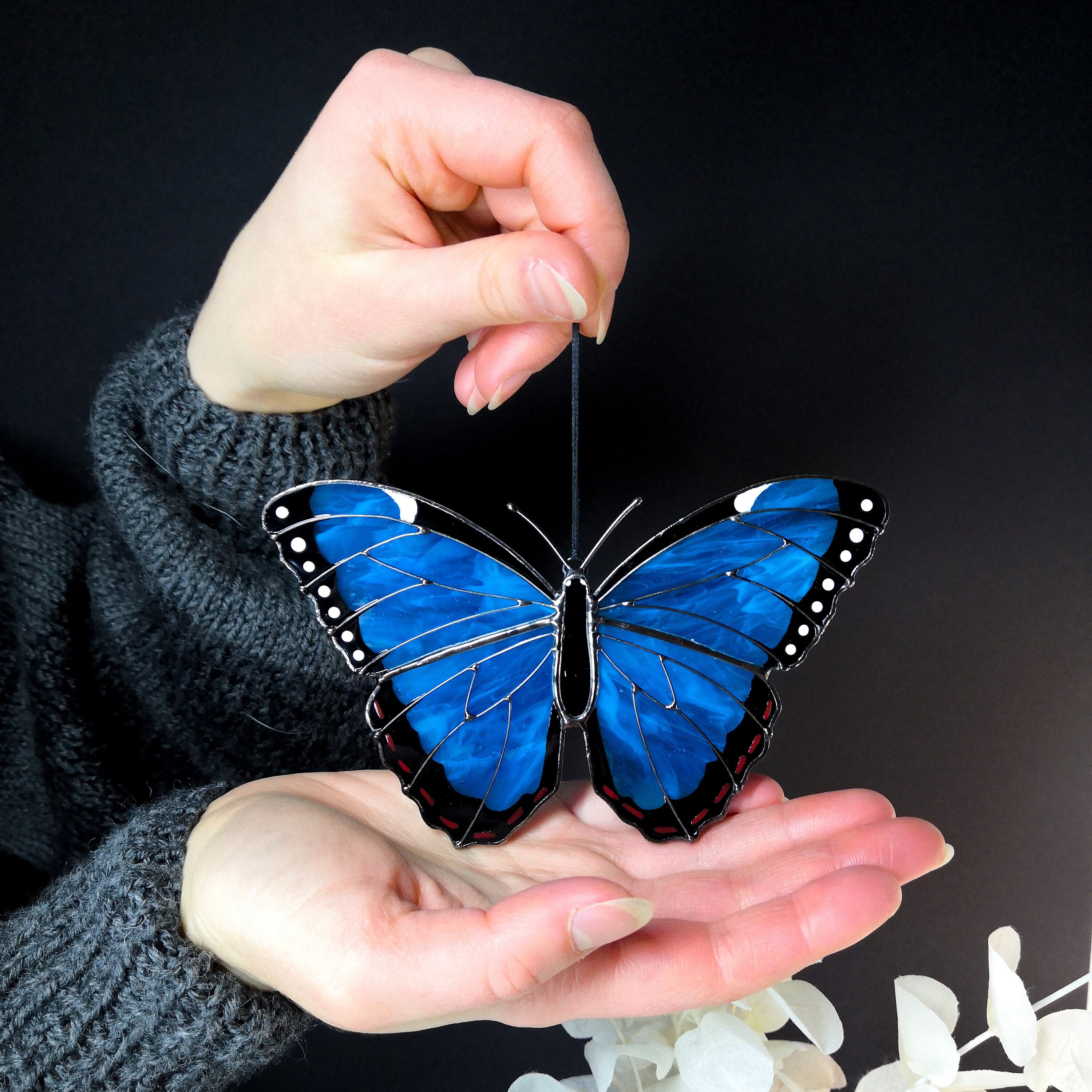 SunStainedGlassUA Peleides Blue Morpho Stained Glass Butterfly Suncatcher