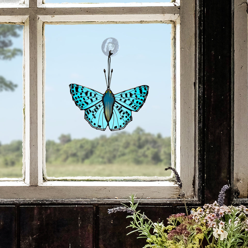 SunStainedGlassUA Lasaia Agesilas Stained Glass Butterfly Suncatcher 5.2in
