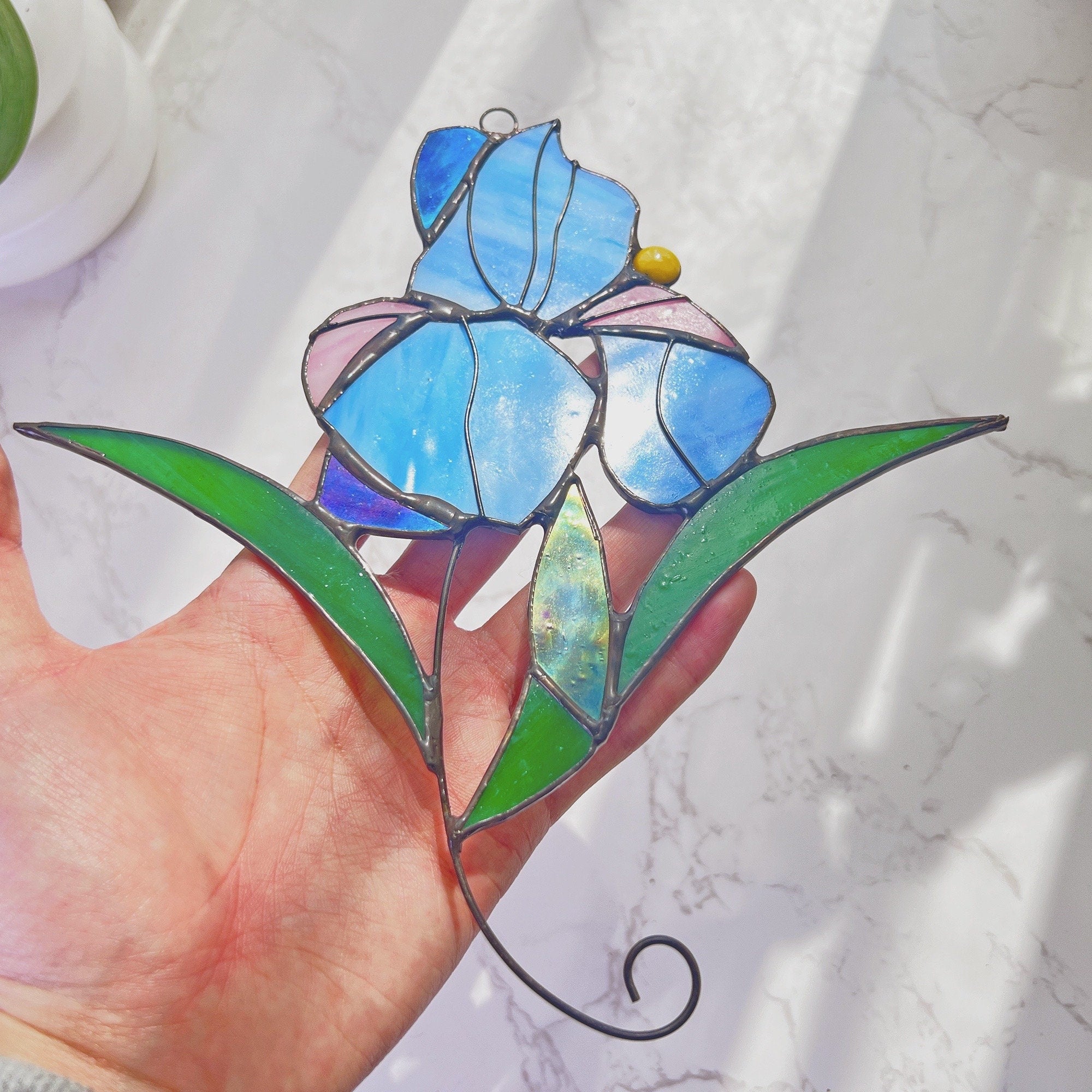 RainLine Iris Flower Stained Glass Sun Catcher Blue Purple