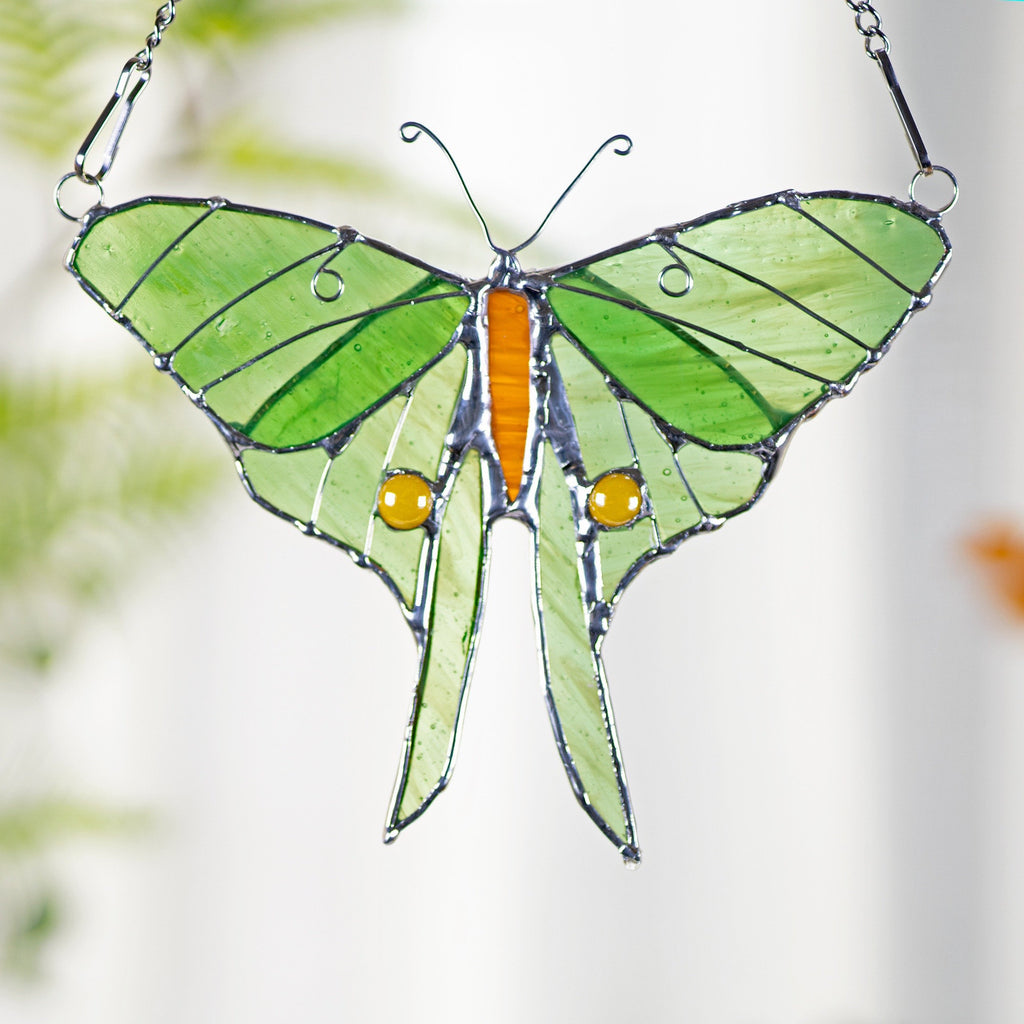 RainLine Handmade Stained Glass Luna Moth Butterfly Window Hanging