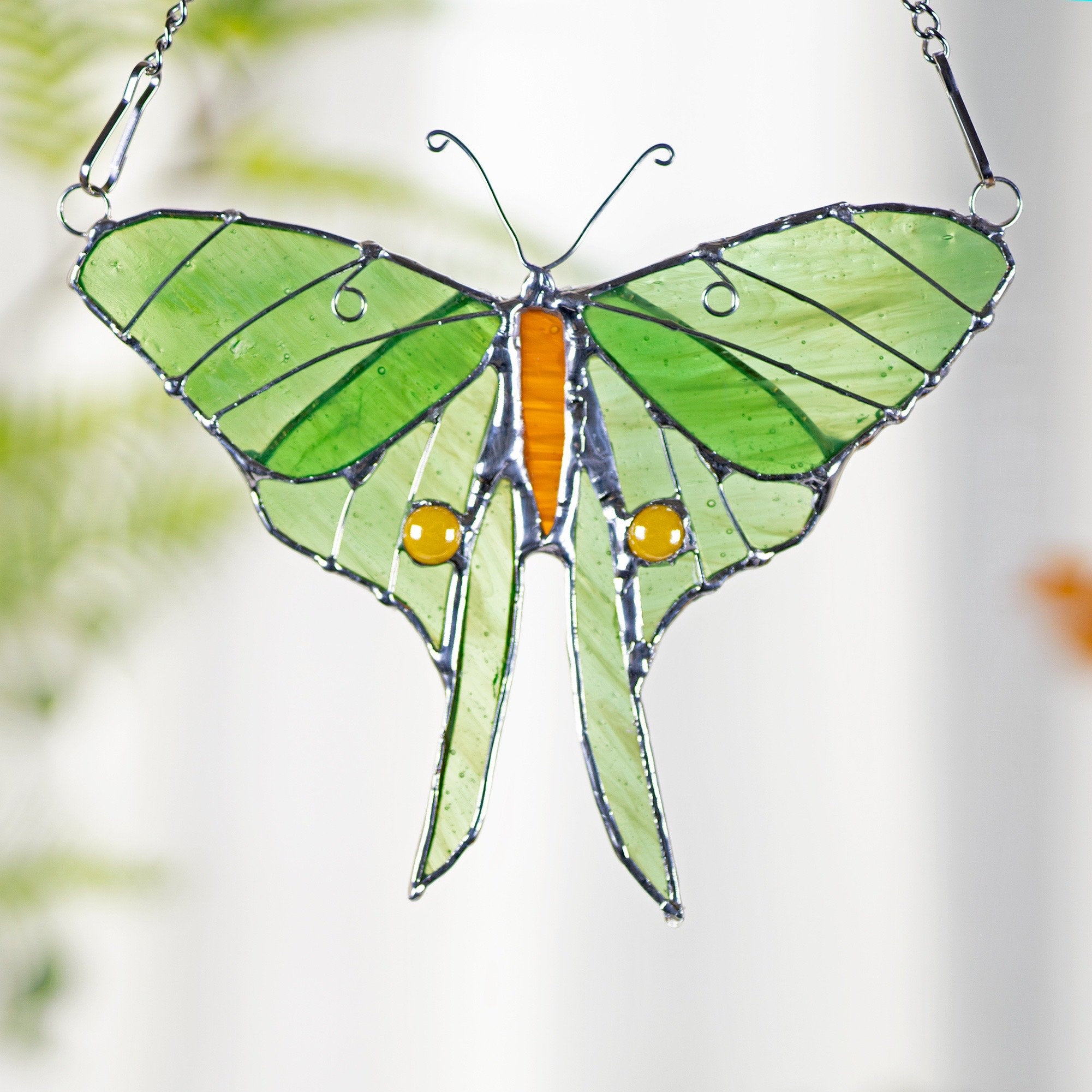 RainLine Handmade Stained Glass Luna Moth Butterfly Window Hanging