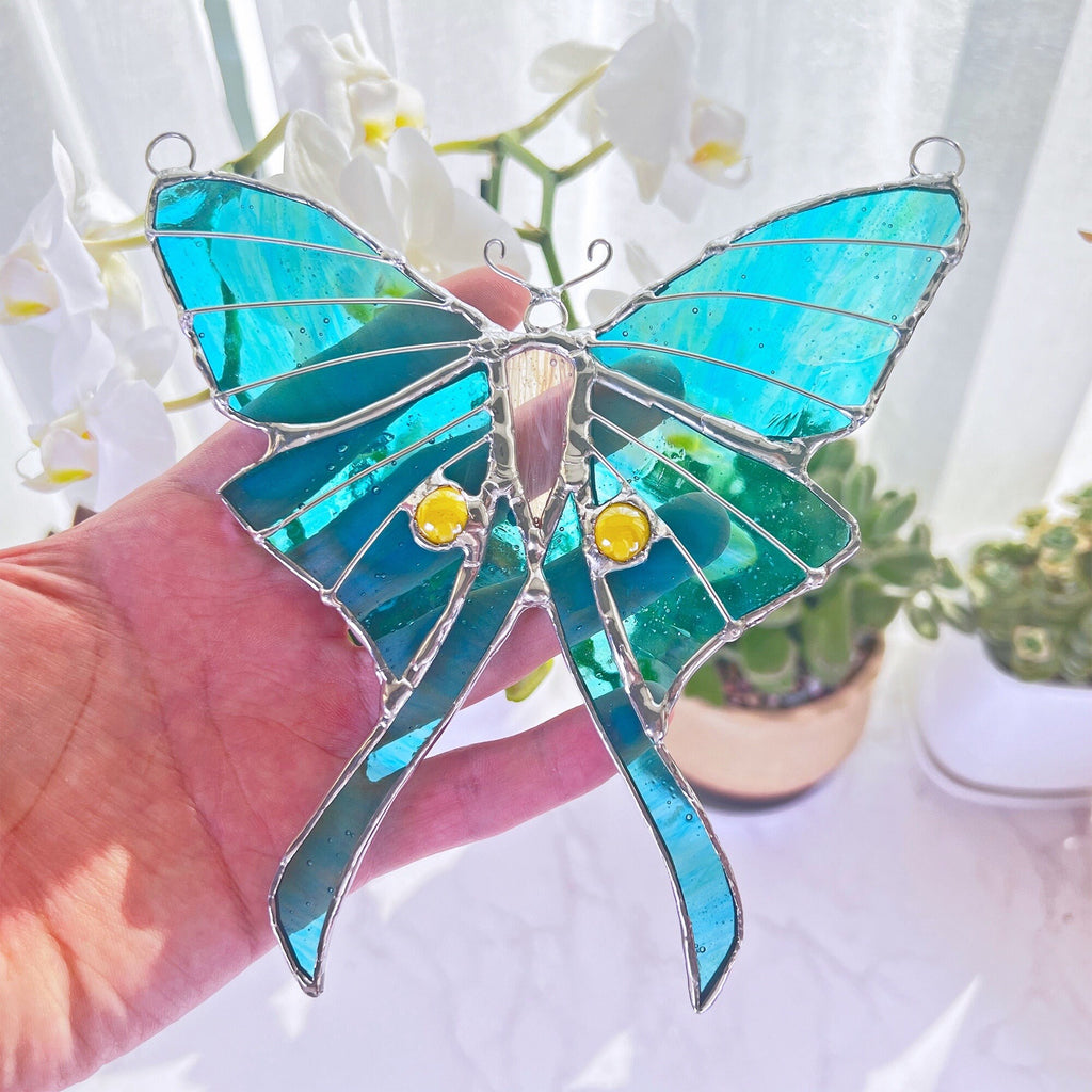RainLine Handmade Stained Glass Luna Moth Butterfly Window Hanging