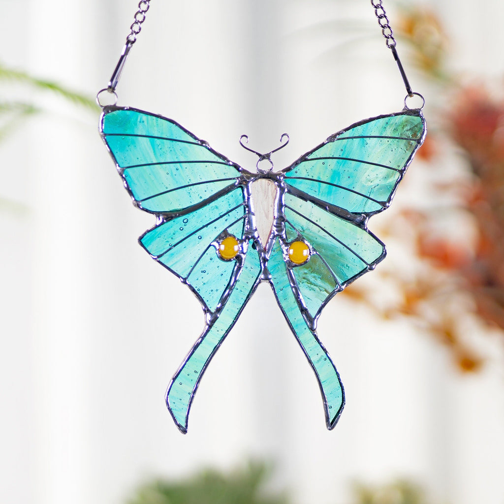 RainLine Luna Moth Stained Glass Suncatcher Blue Green Handmade