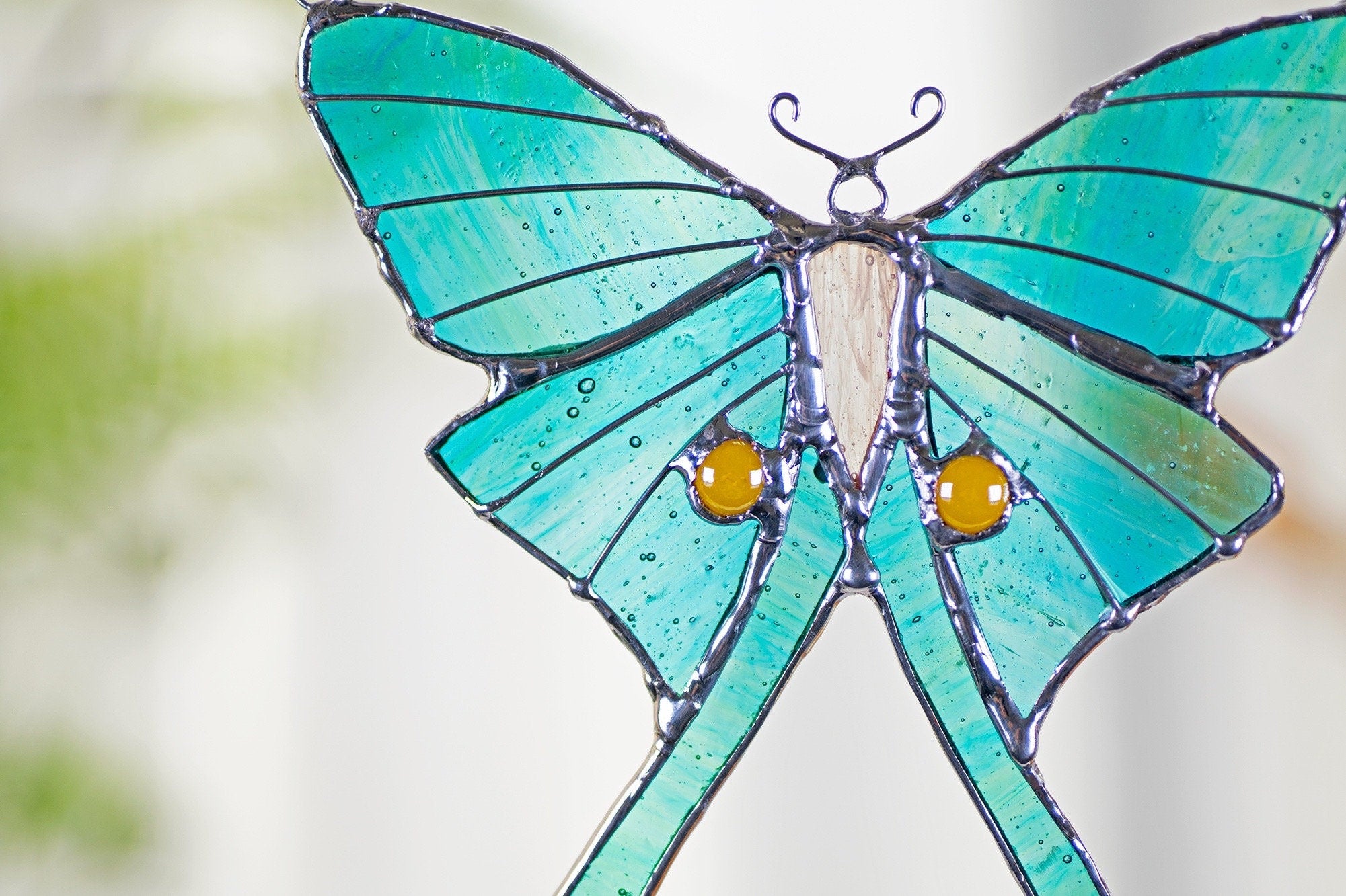 RainLine Luna Moth Stained Glass Suncatcher Blue Green Handmade