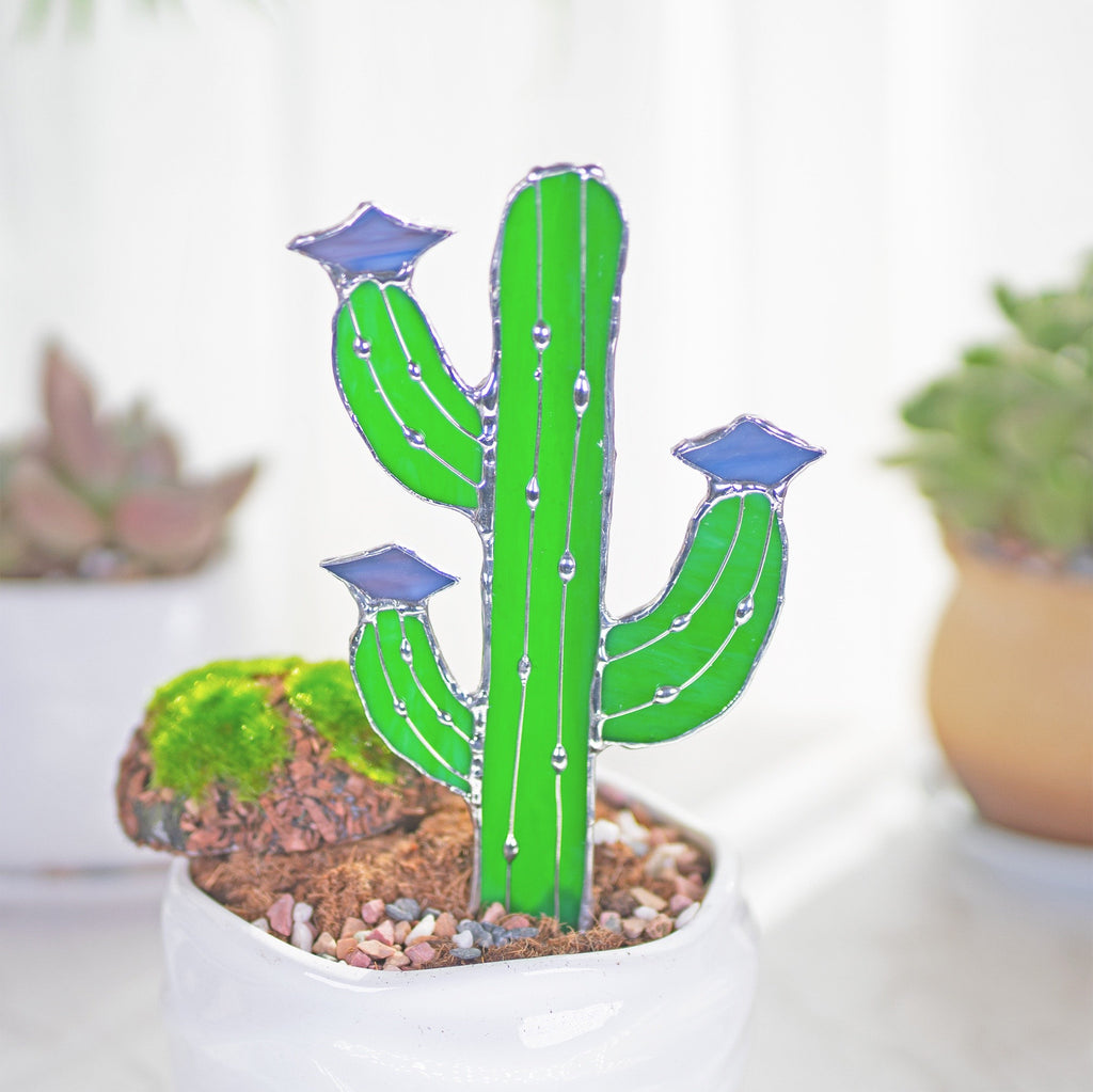 RainLine Handmade Stained Glass Cactus Stake Garden Ornament Sun Catcher
