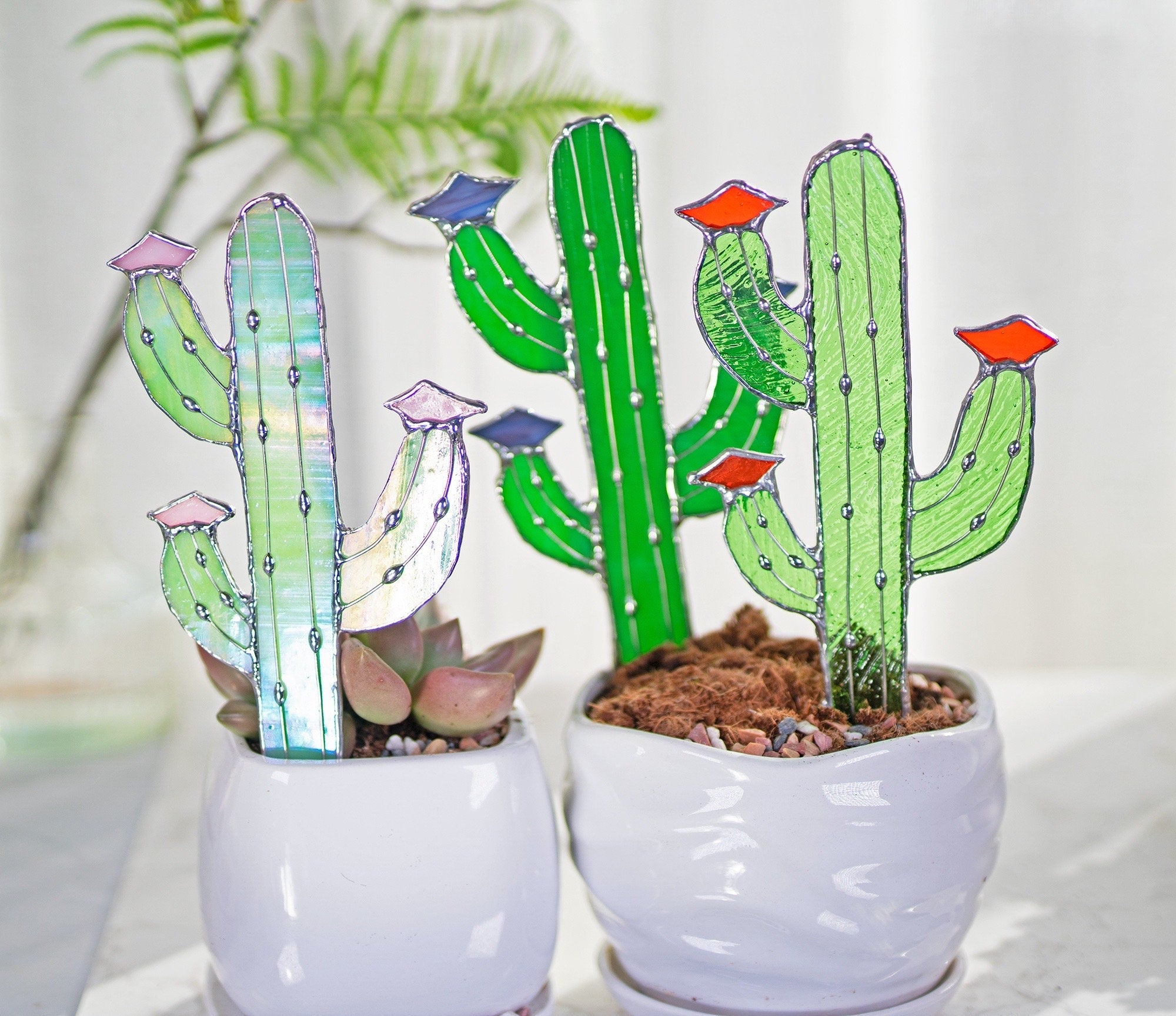 RainLine Handmade Stained Glass Cactus Stake Garden Ornament Sun Catcher