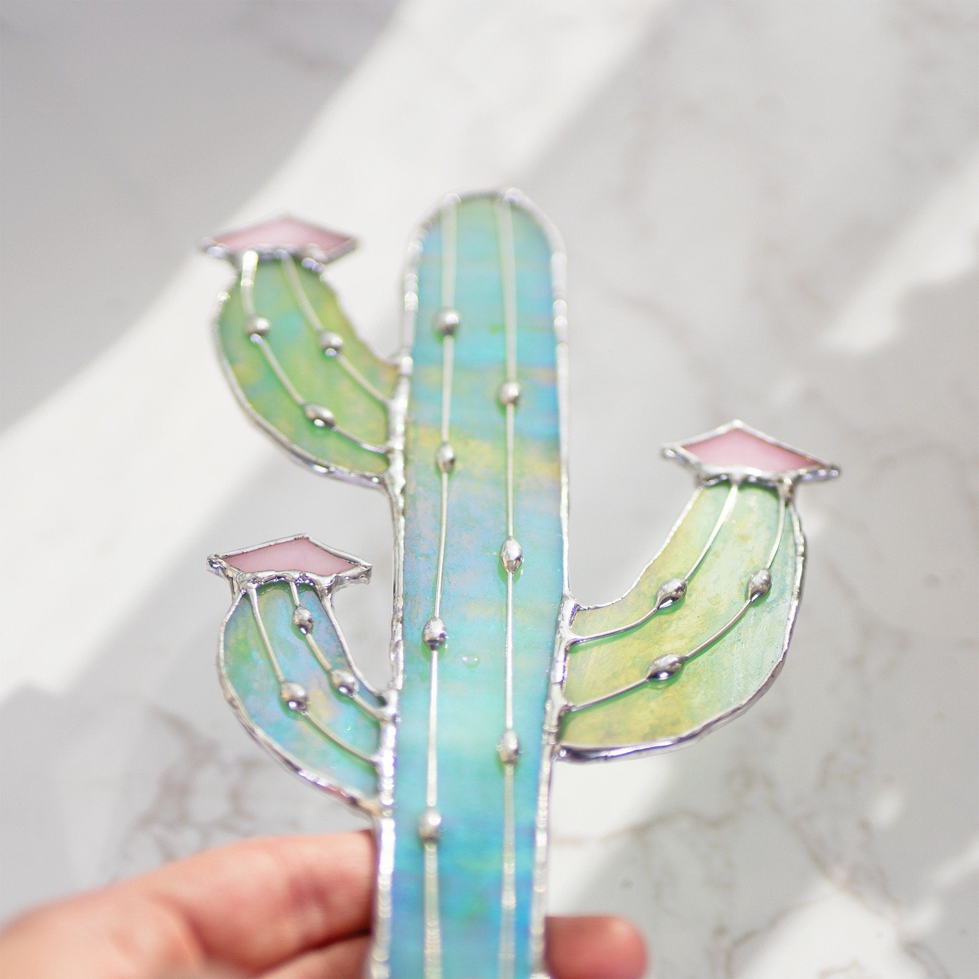 RainLine Handmade Stained Glass Cactus Stake Garden Ornament Sun Catcher