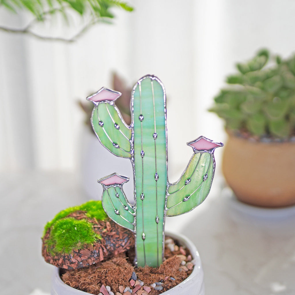 RainLine Iridescent Cactus Stained Glass Stake