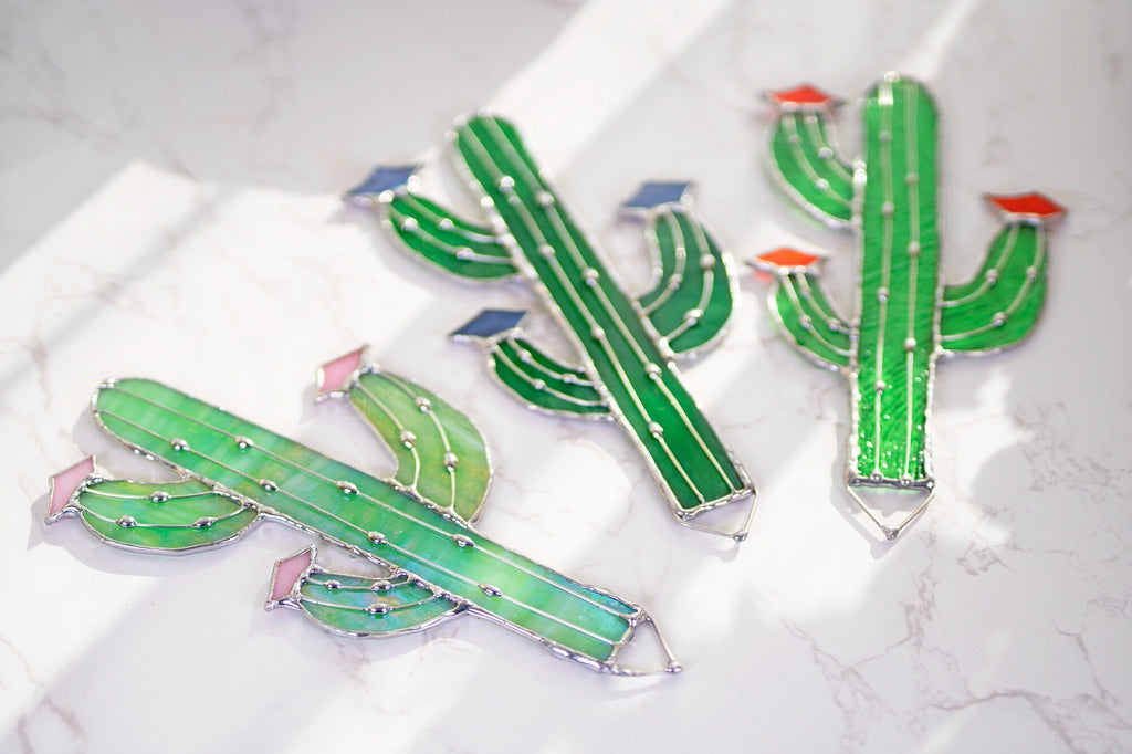 RainLine Iridescent Cactus Stained Glass Stake