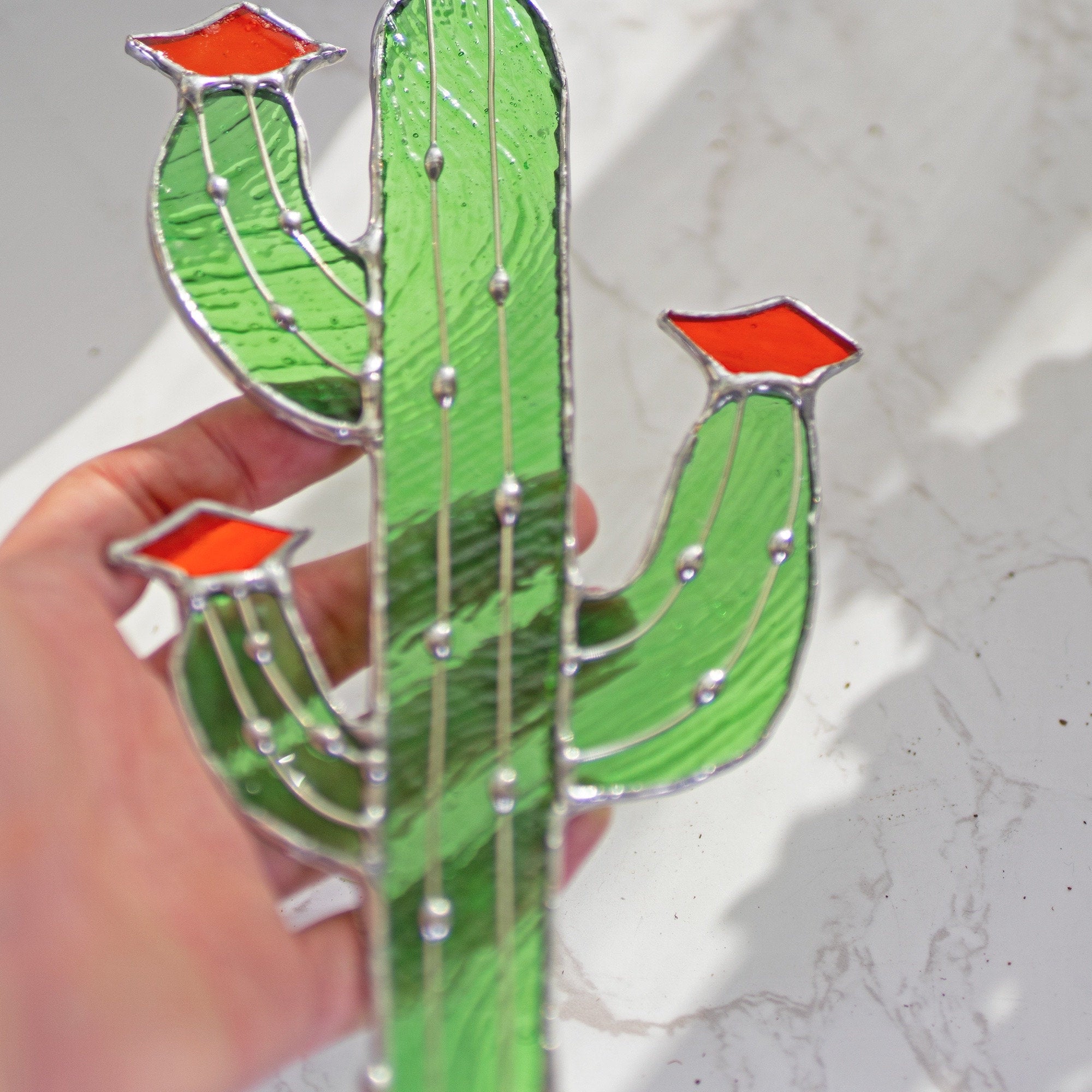 RainLine Handmade Tiffany Stained Glass Cactus Garden Stake