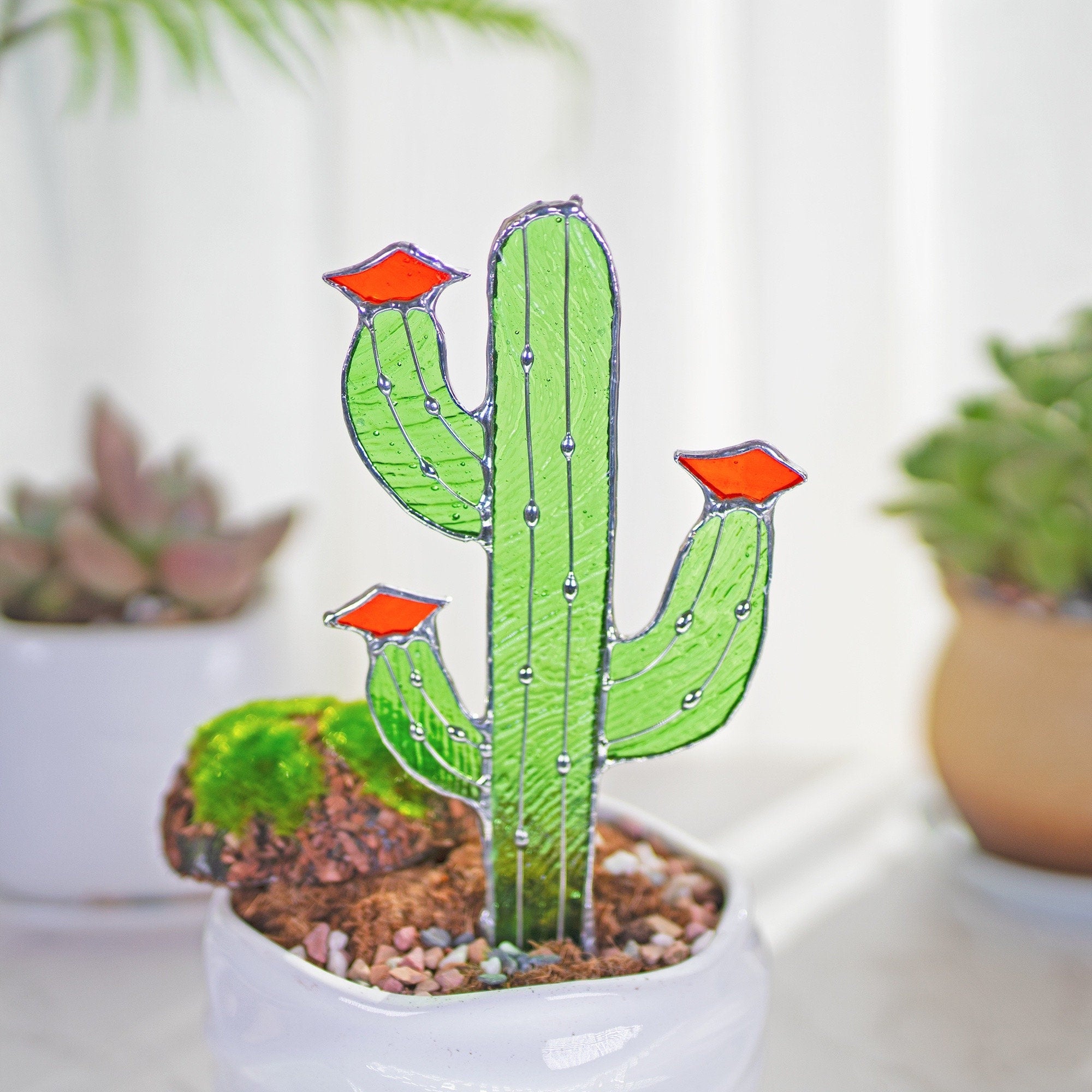 RainLine Handmade Tiffany Stained Glass Cactus Garden Stake