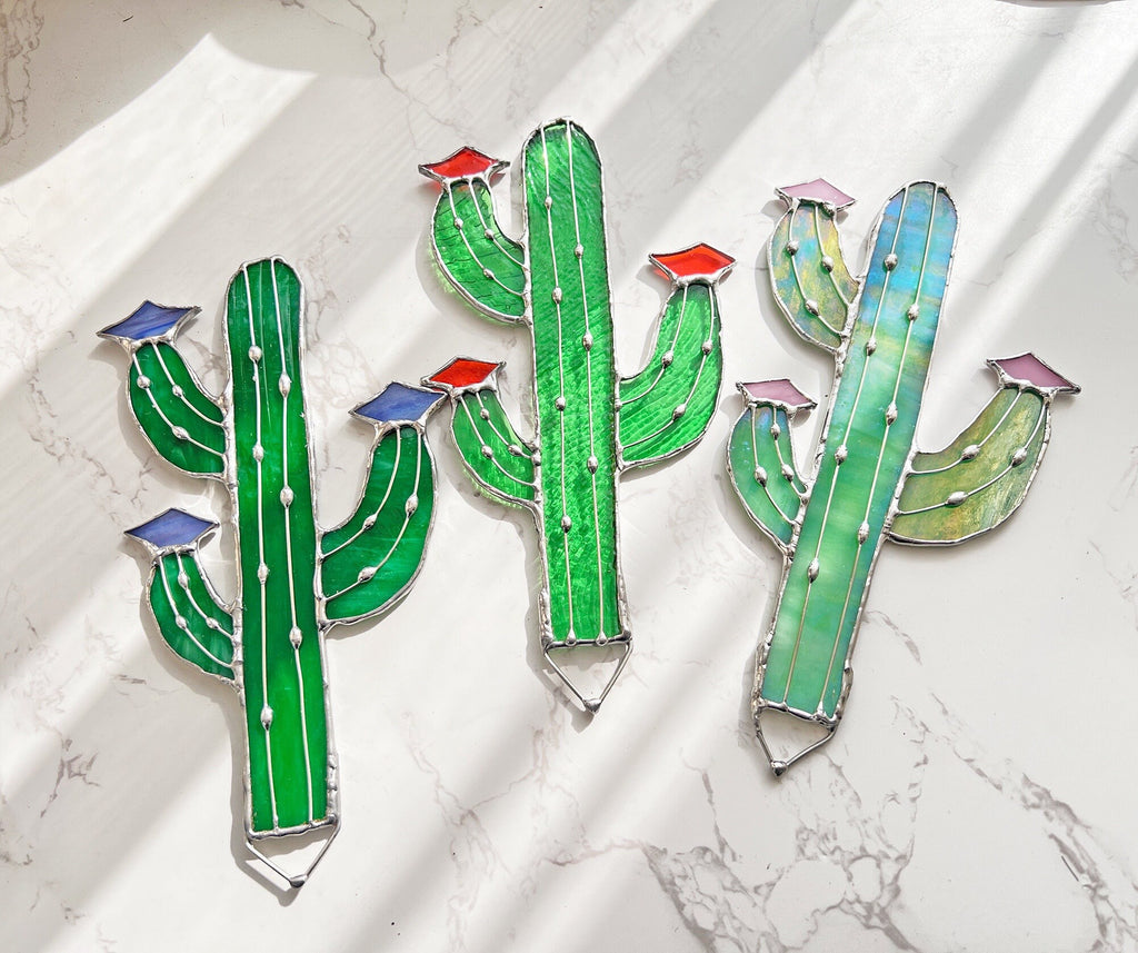 RainLine Handmade Stained Glass Cactus Stake Garden Ornament