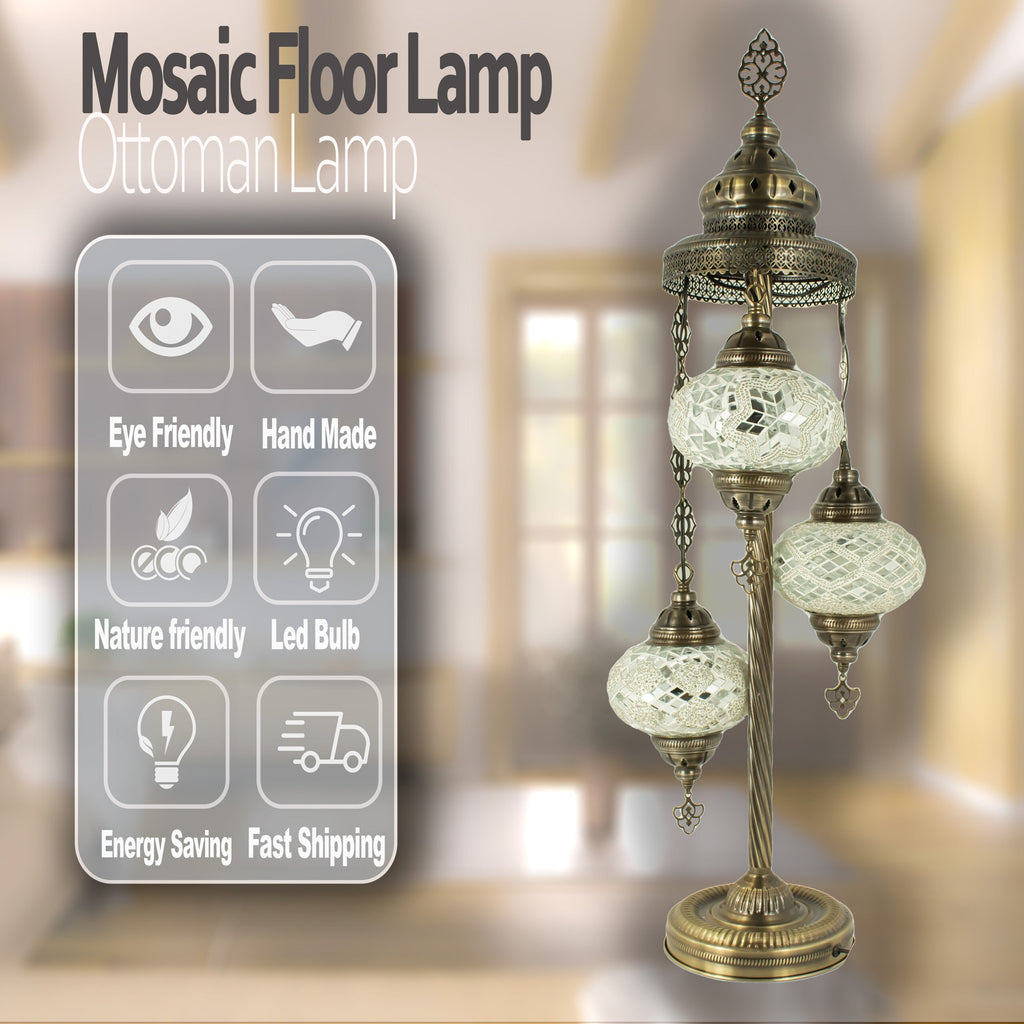 MoslandHome Handmade Turkish Mosaic Floor Lamp 3 Globe Corner Lamp