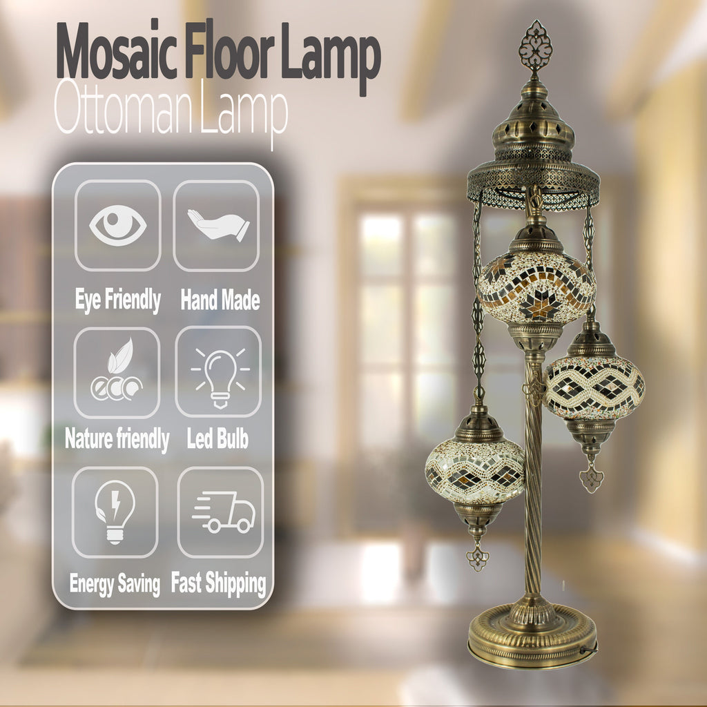 MoslandHome Handmade Turkish Mosaic Floor Lamp 3 Globe 37in