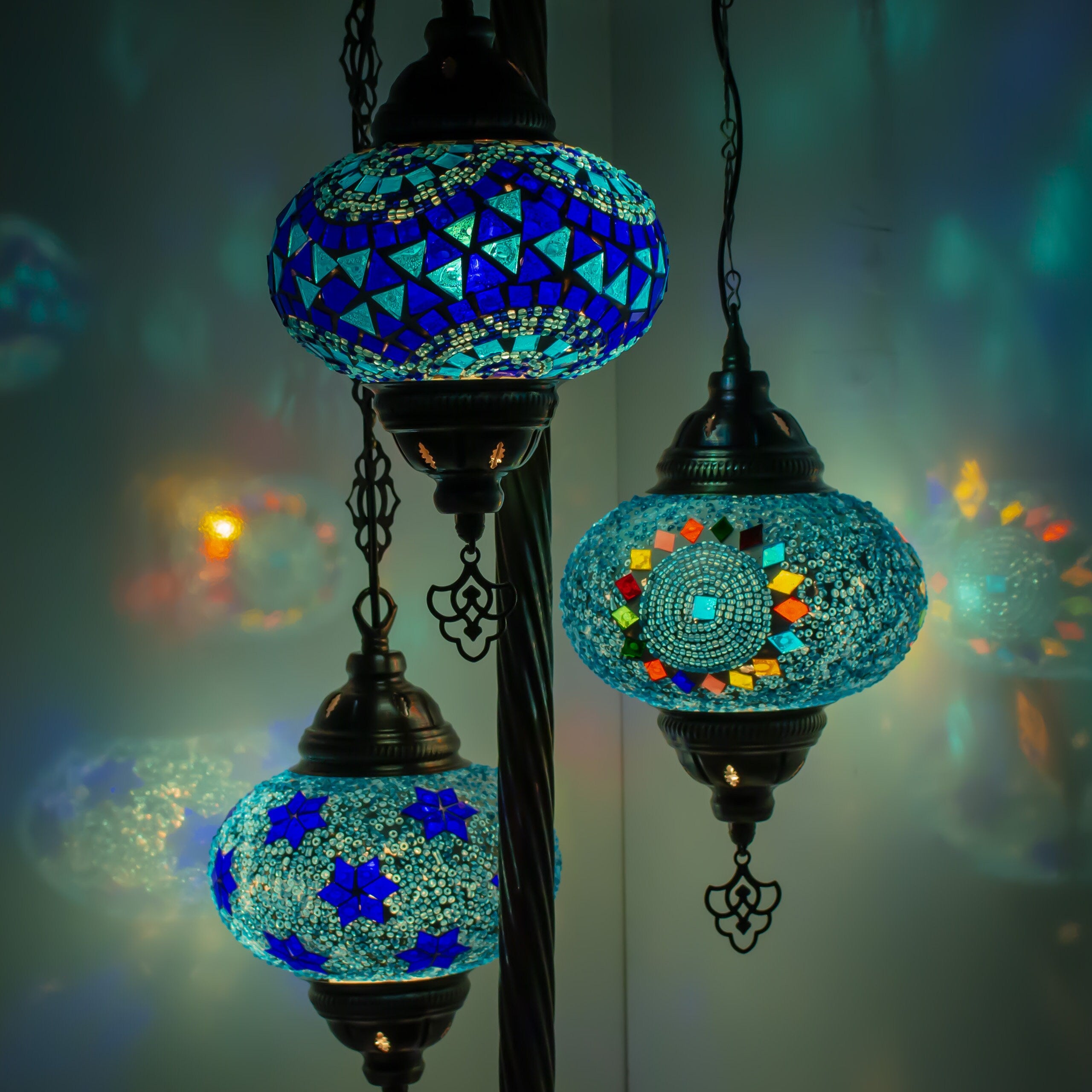 MoslandHome Handmade Turkish Mosaic Floor Lamp 3 Globe Corner Lamp