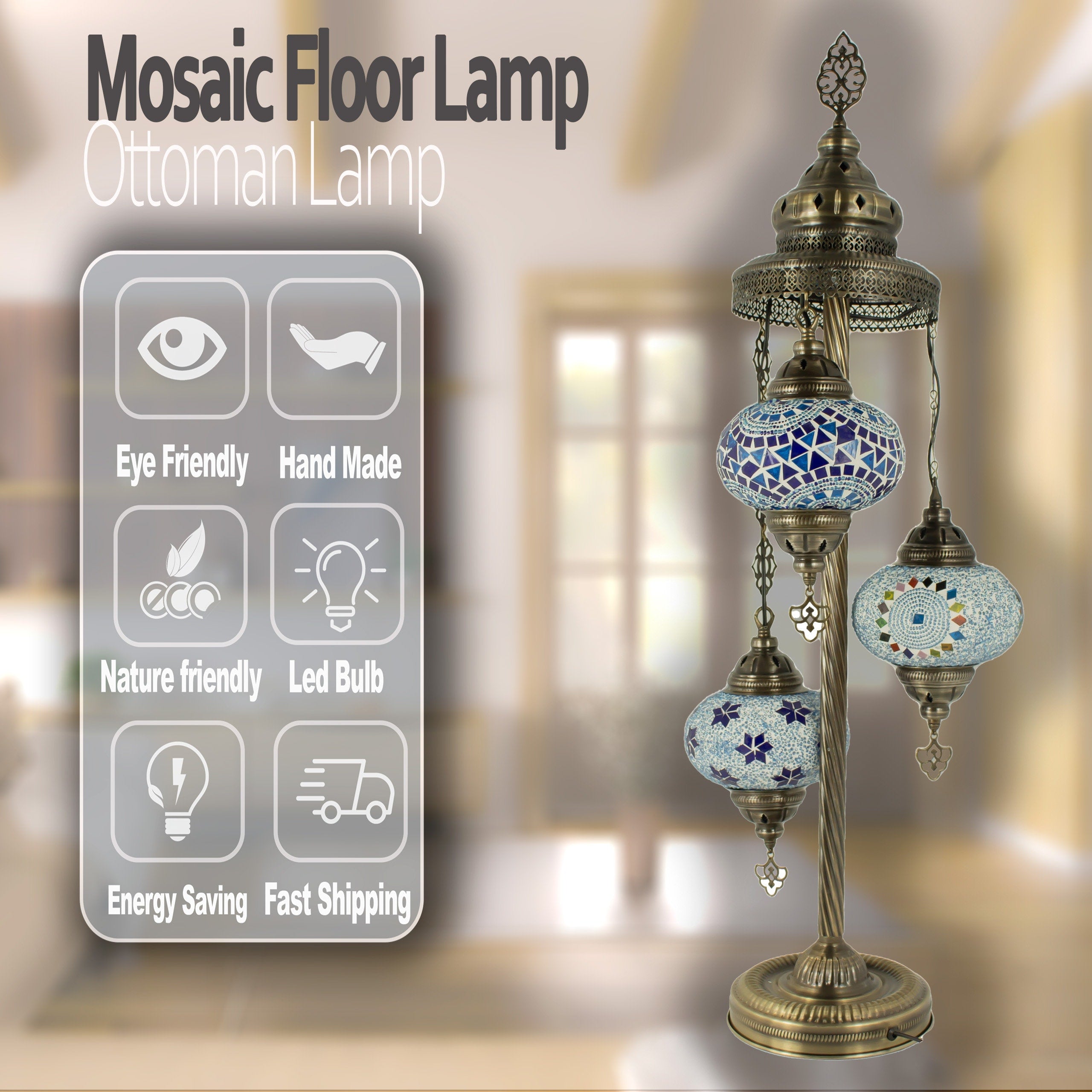 MoslandHome Handmade Turkish Mosaic Floor Lamp 3 Globe Corner Lamp