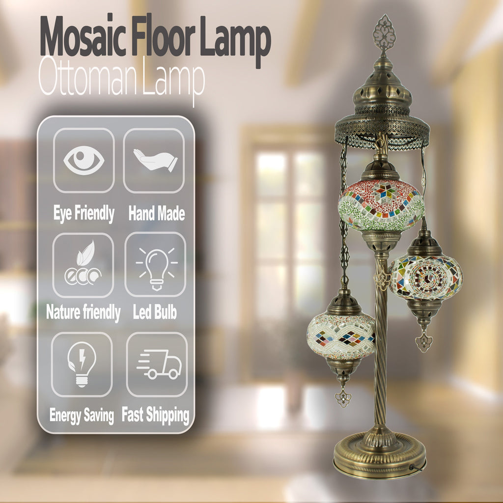 MoslandHome Handmade Turkish Mosaic Floor Lamp 3 Globe