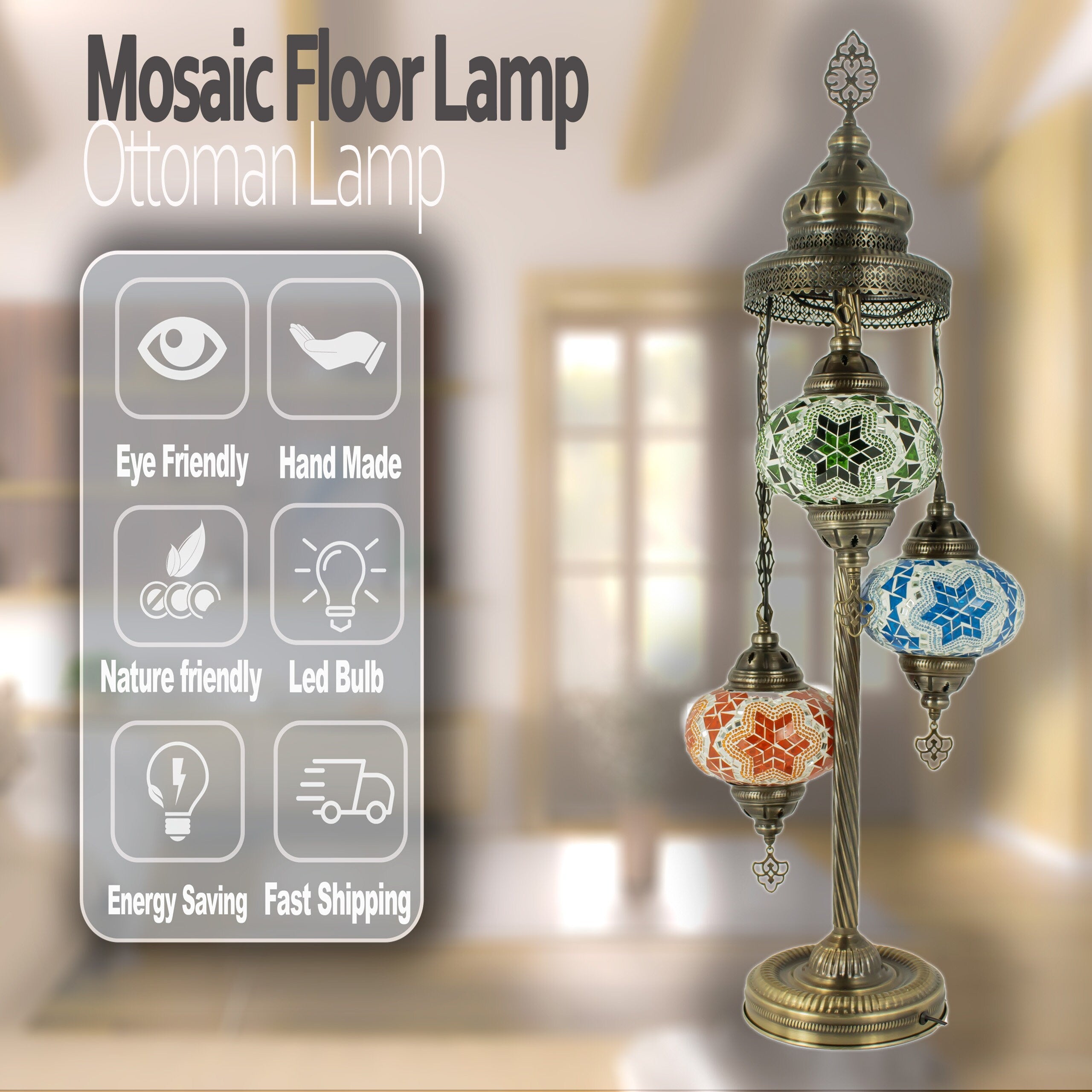 MoslandHome Handmade Turkish Mosaic 3 Globe Floor Lamp 37in