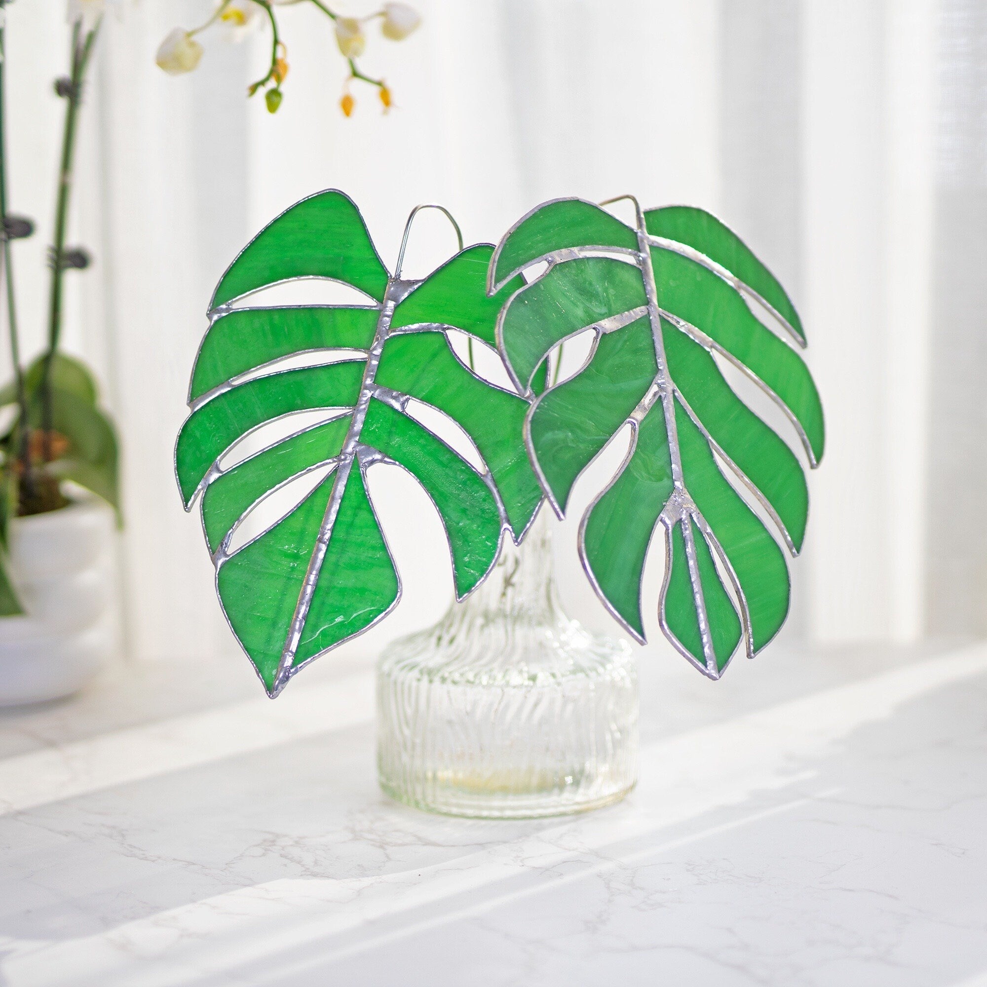 RainLine Handcrafted Stained Glass Monstera Table Decor Set 2 Leaves
