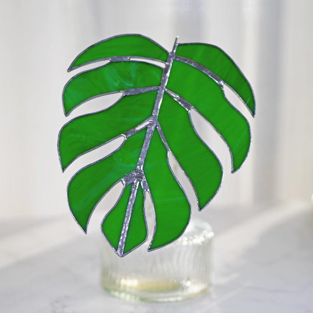 RainLine Handcrafted Stained Glass Monstera Table Decor Set 2 Leaves
