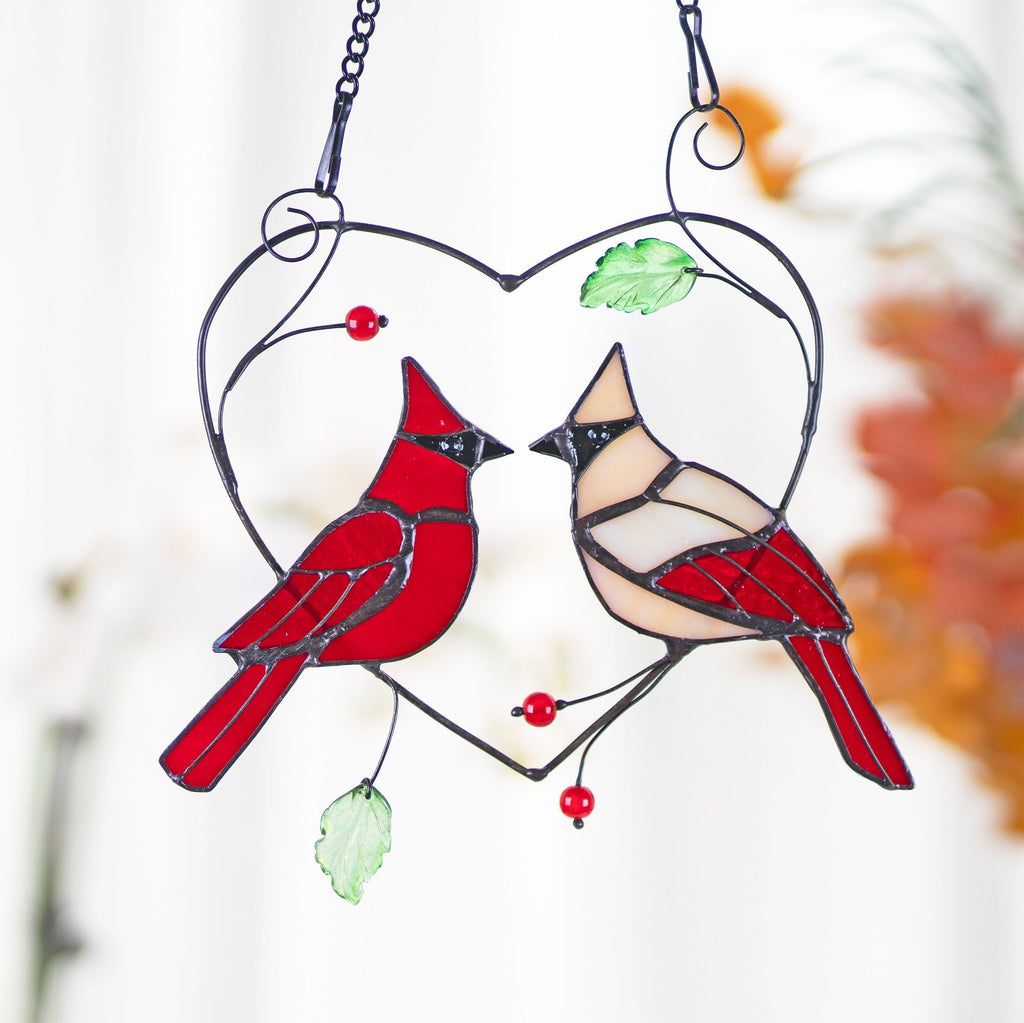 RainLine Handcrafted Stained Glass Heart Suncatcher Cardinal Bird Window Hanging