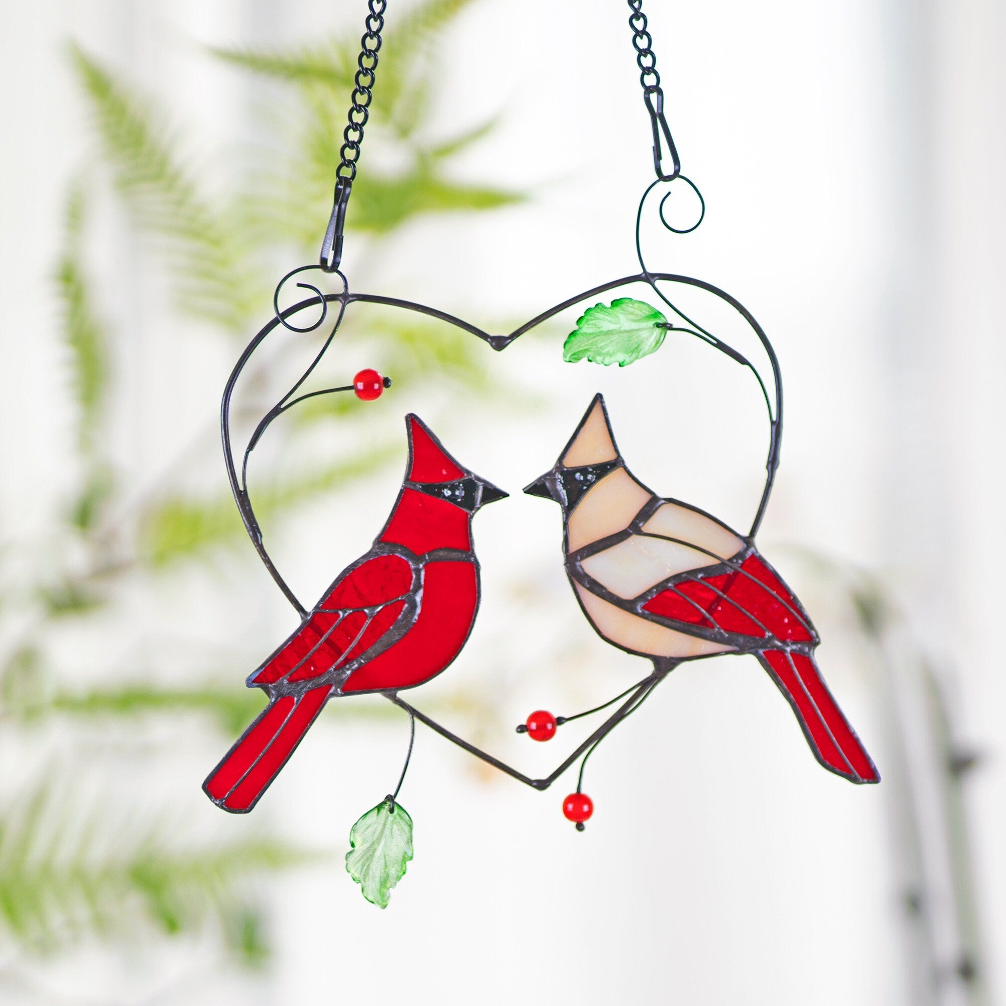 RainLine Handcrafted Stained Glass Heart Suncatcher Cardinal Bird Window Hanging