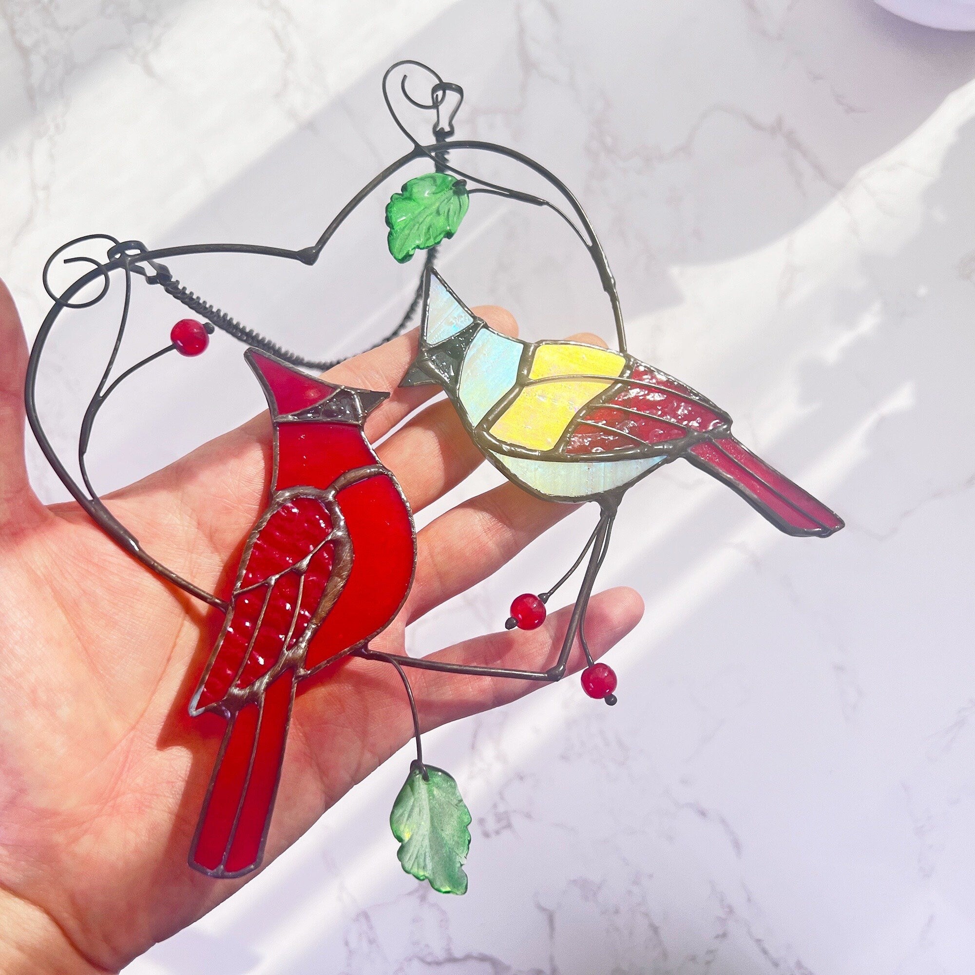 RainLine Handcrafted Stained Glass Heart Suncatcher Cardinal Bird Window Hanging