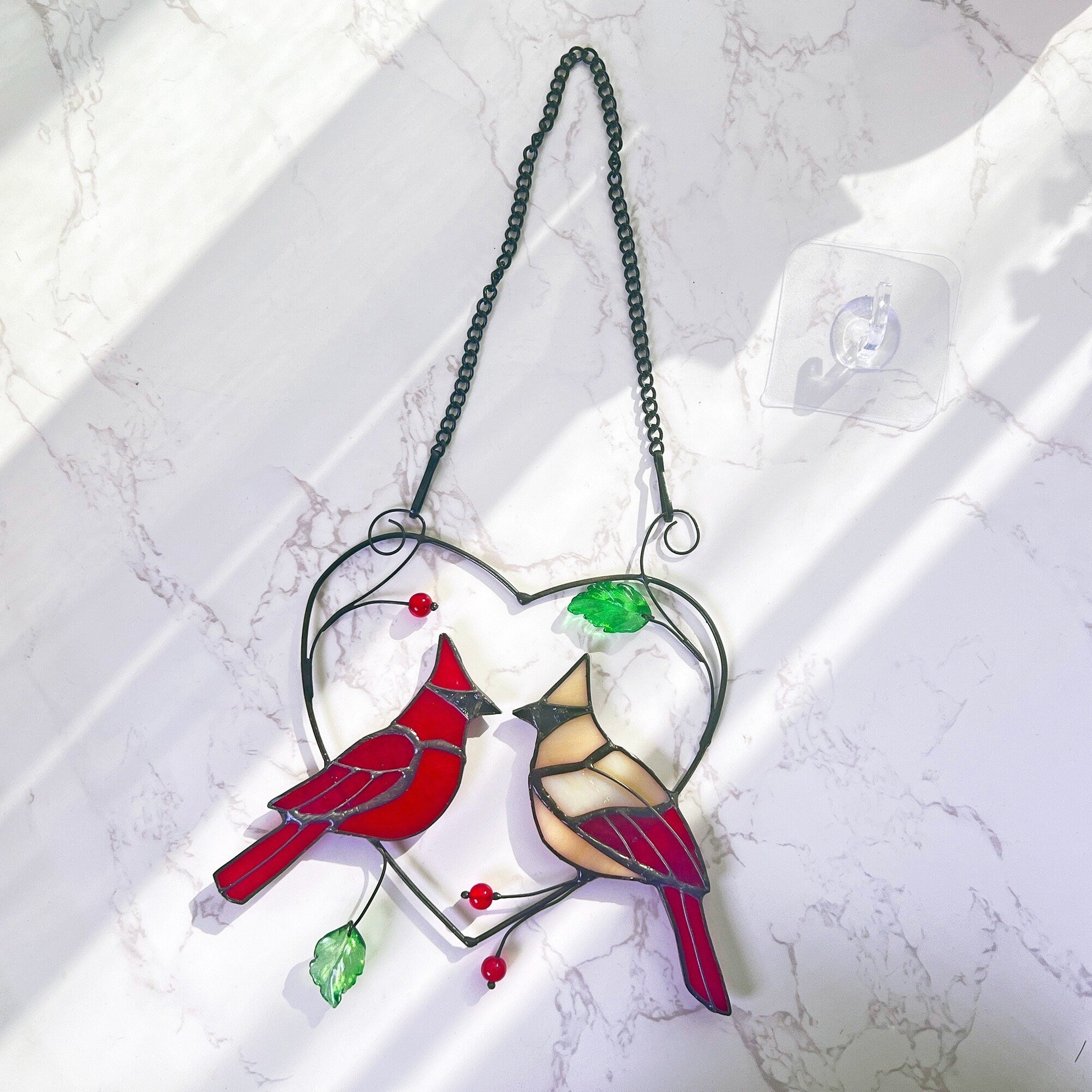 RainLine Handcrafted Stained Glass Heart Suncatcher Cardinal Bird Window Hanging