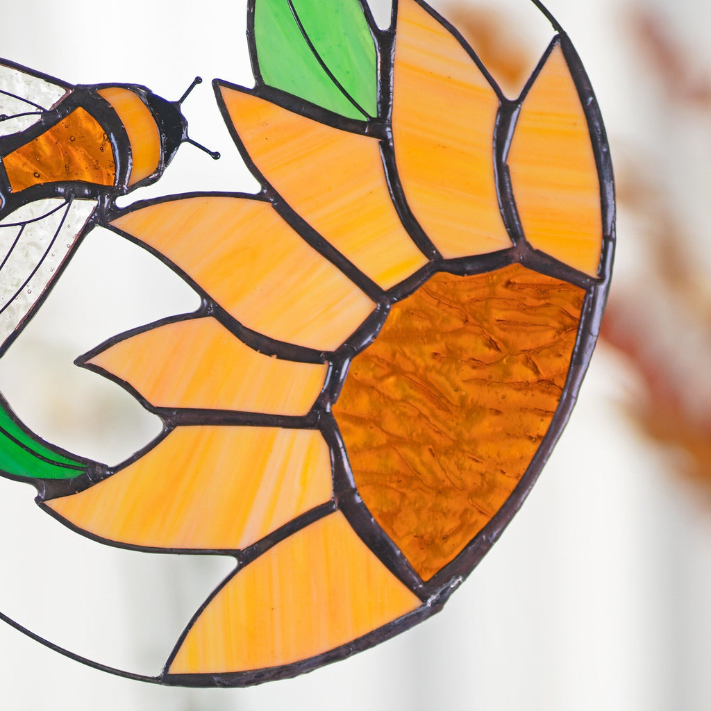 RainLine Bee and Sunflower Stained Glass Suncatcher 7in