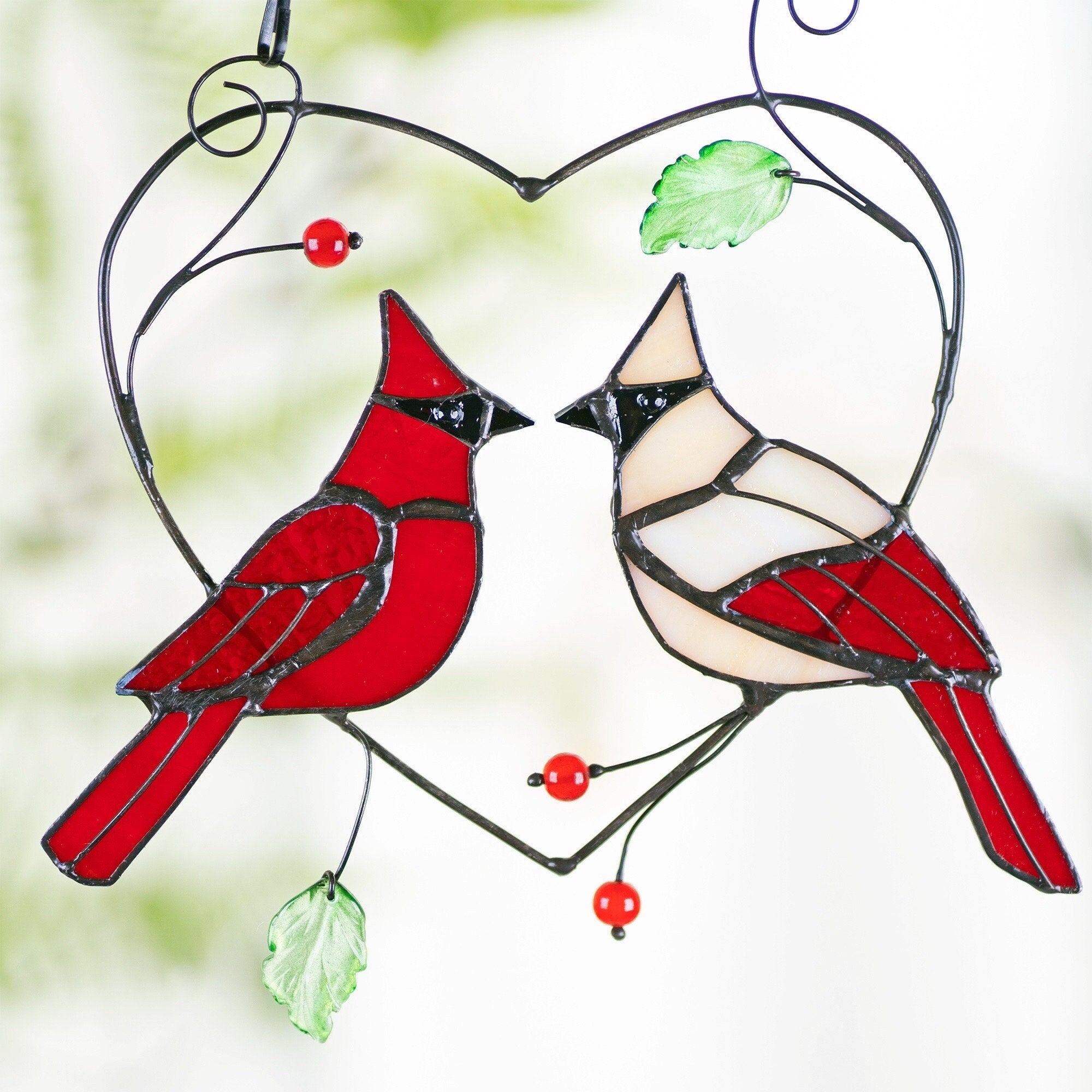 RainLine Handcrafted Stained Glass Heart Suncatcher Cardinal Bird Window Hanging