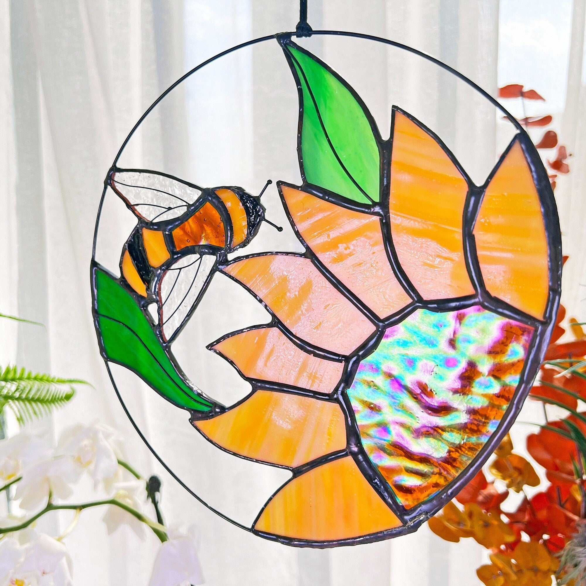 RainLine Bee and Sunflower Stained Glass Suncatcher 7in