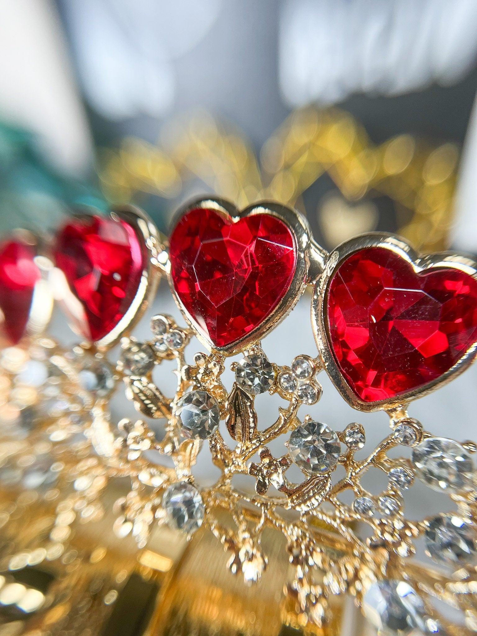 Queen of Heart Tiara Red Rhinestone Crown Gold Headband