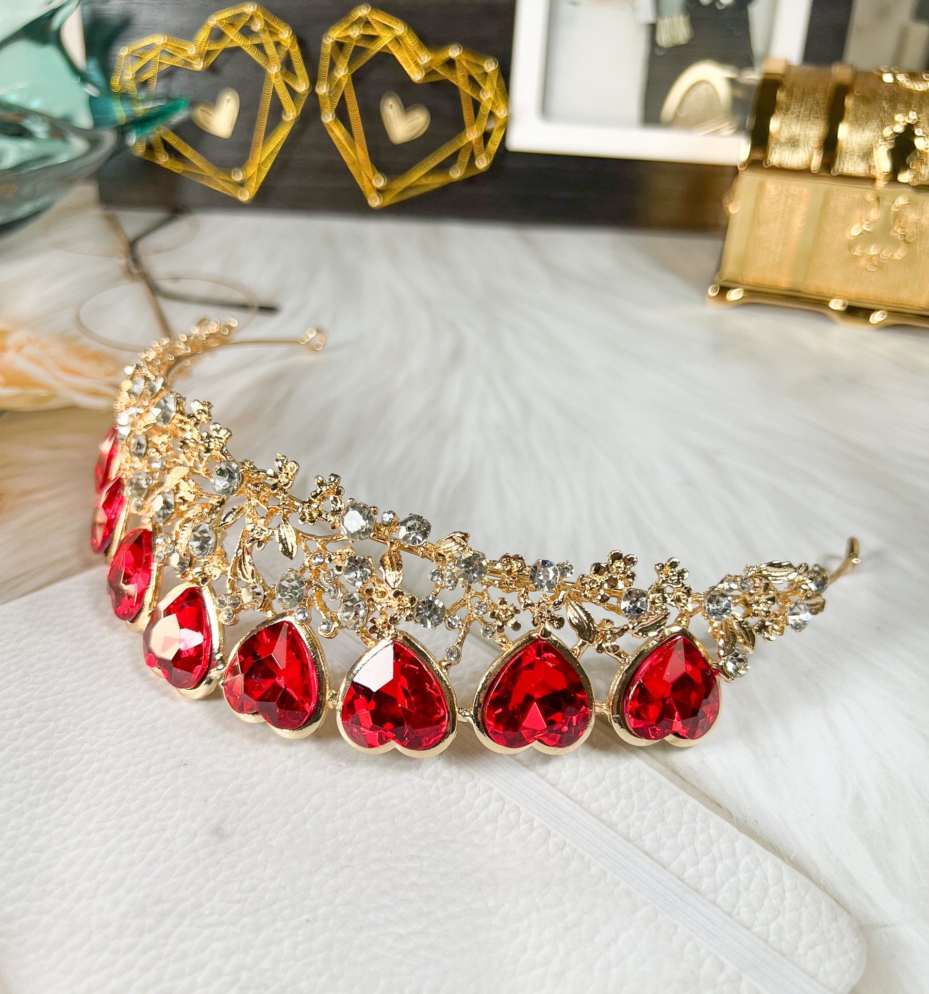 Queen of Heart Tiara Red Rhinestone Crown Gold Headband