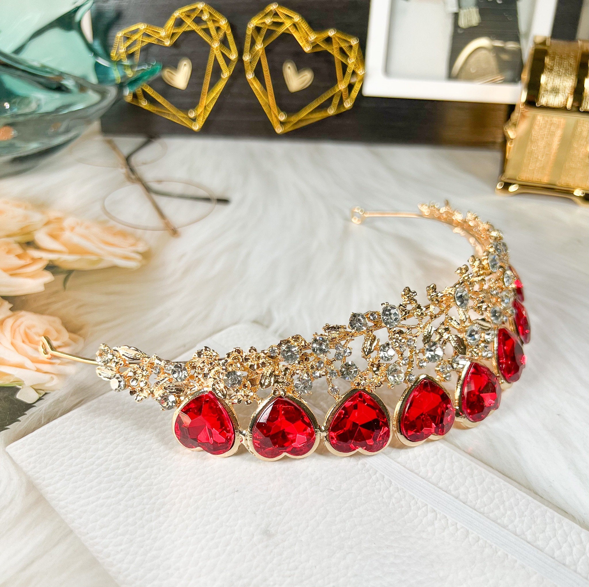 Queen of Heart Tiara Red Rhinestone Crown Gold Headband