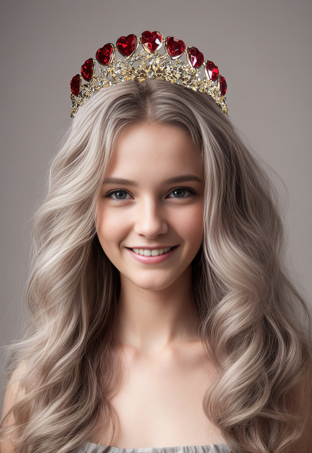 Queen of Heart Tiara Red Rhinestone Crown Gold Headband