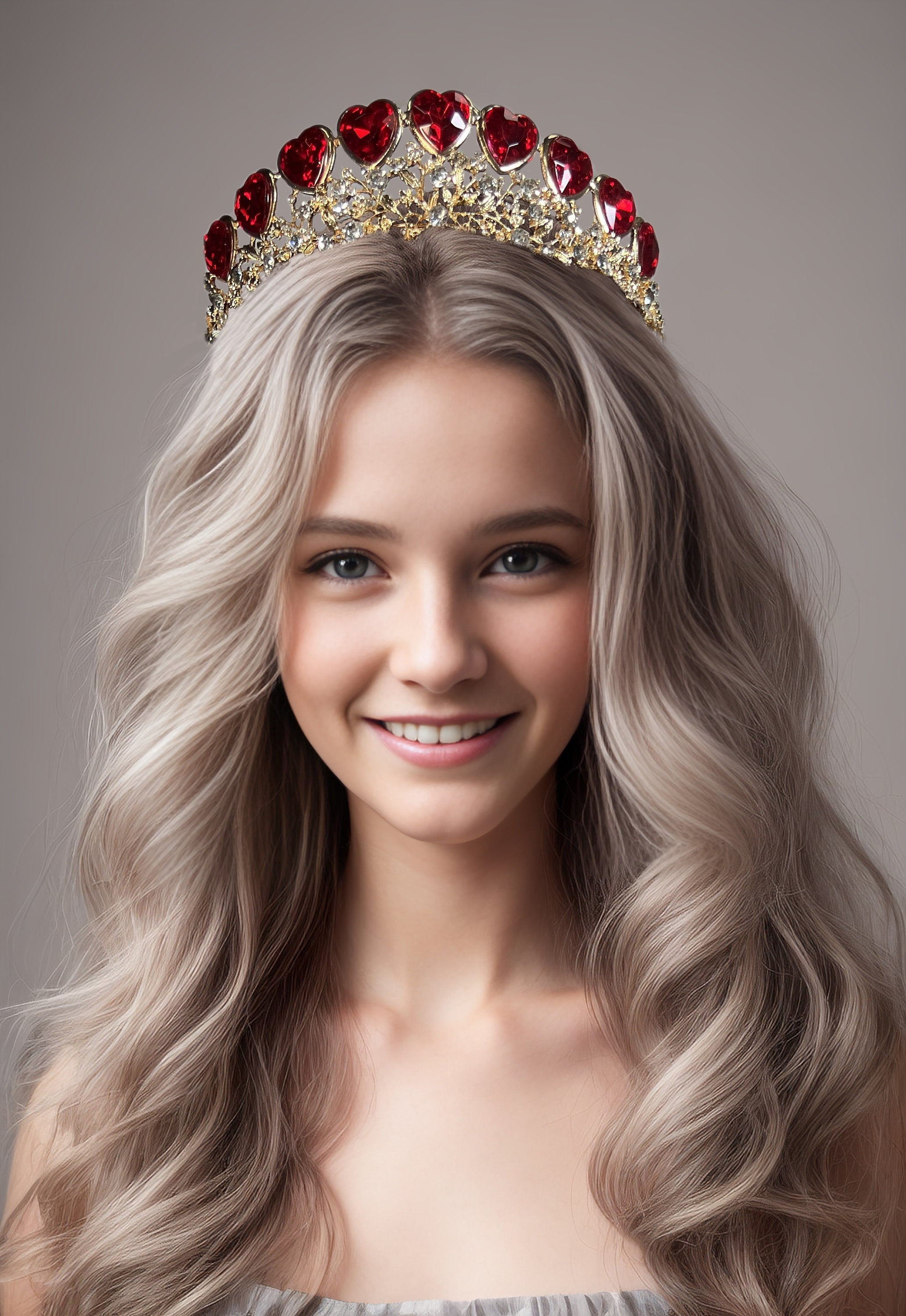 Queen of Heart Tiara Red Rhinestone Crown Gold Headband