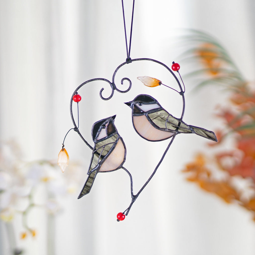 RainLine Couple Chickadees Stained Glass Suncatcher Heart 6.69in