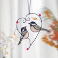 RainLine Couple Chickadees Stained Glass Suncatcher Heart 6.69in